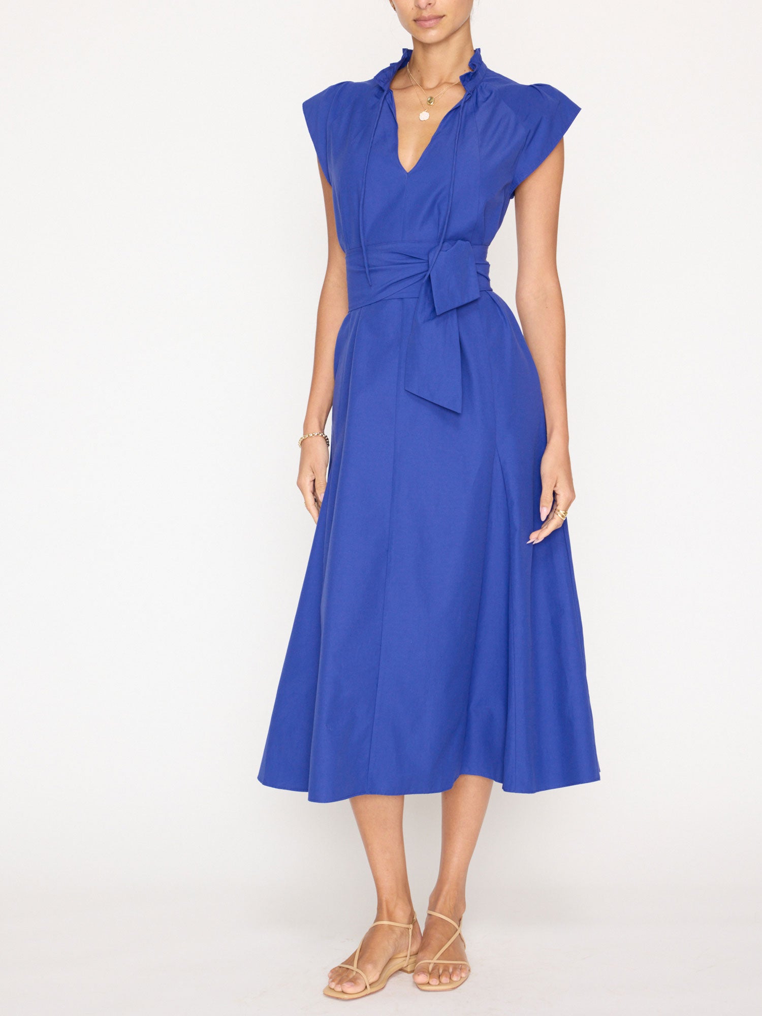 Newport ruffle belted blue midi dress  front view 4