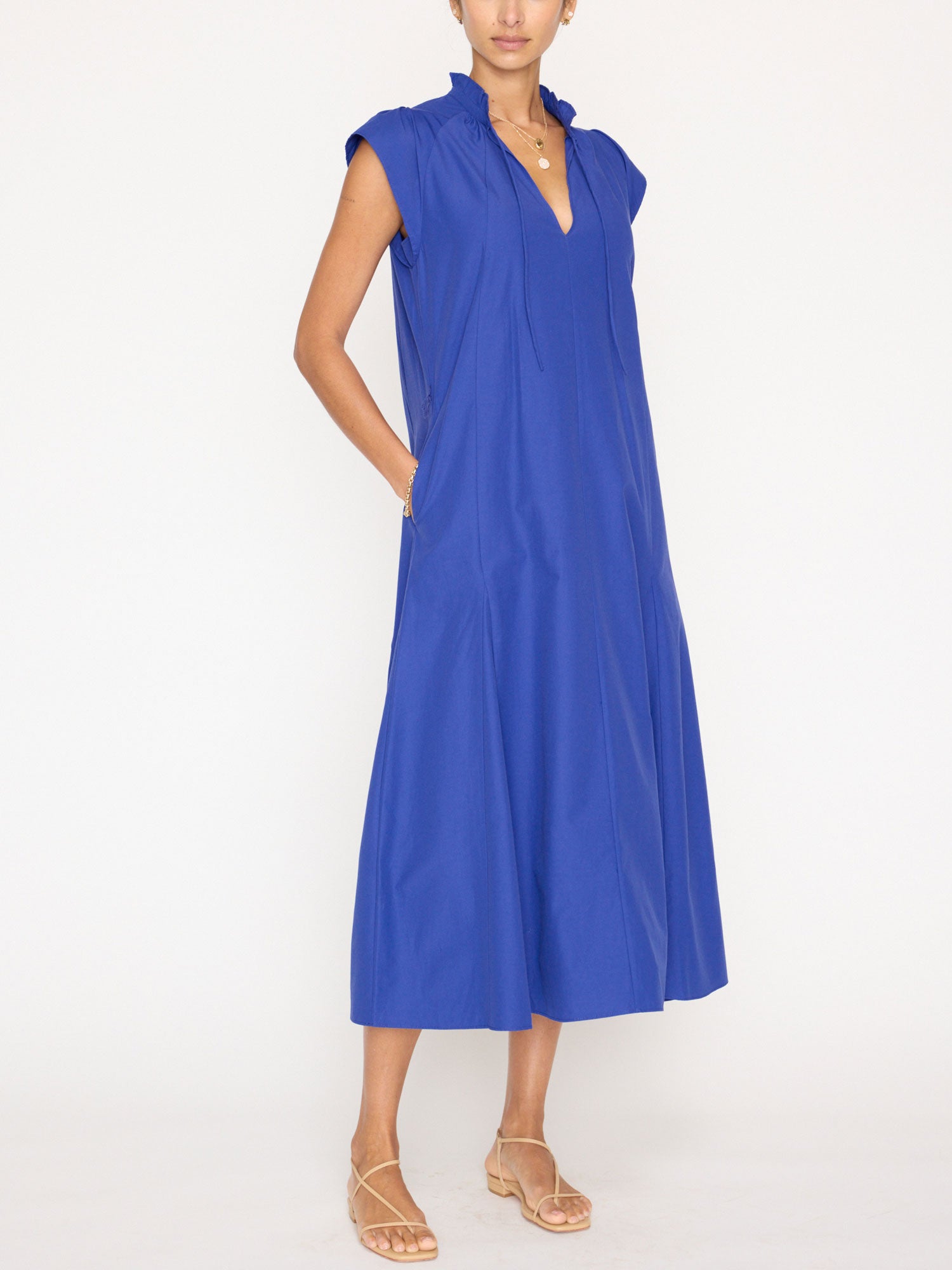 Newport ruffle belted blue midi dress front view 5