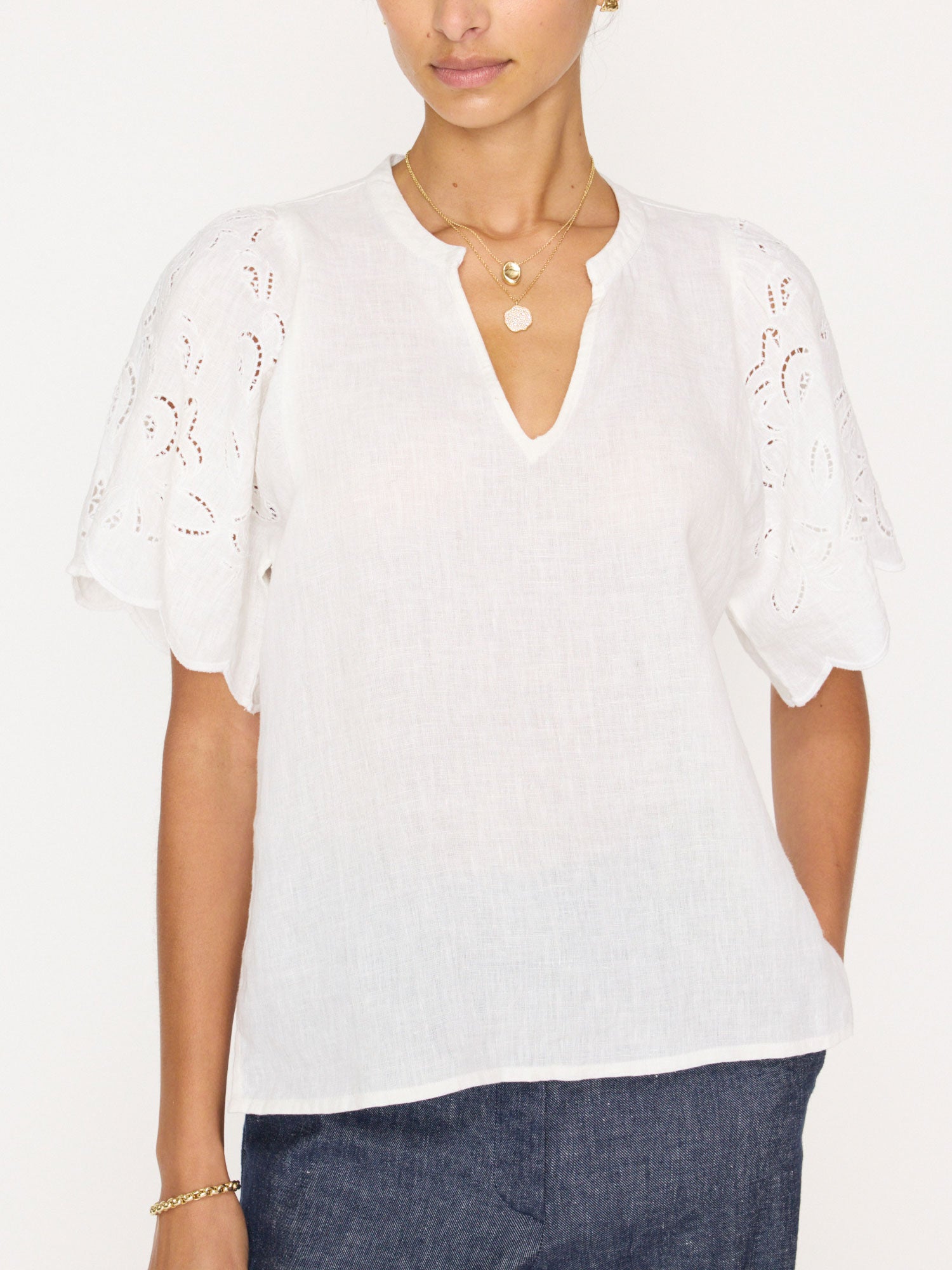 Shore linen embroidered sleeve white top front view 3
