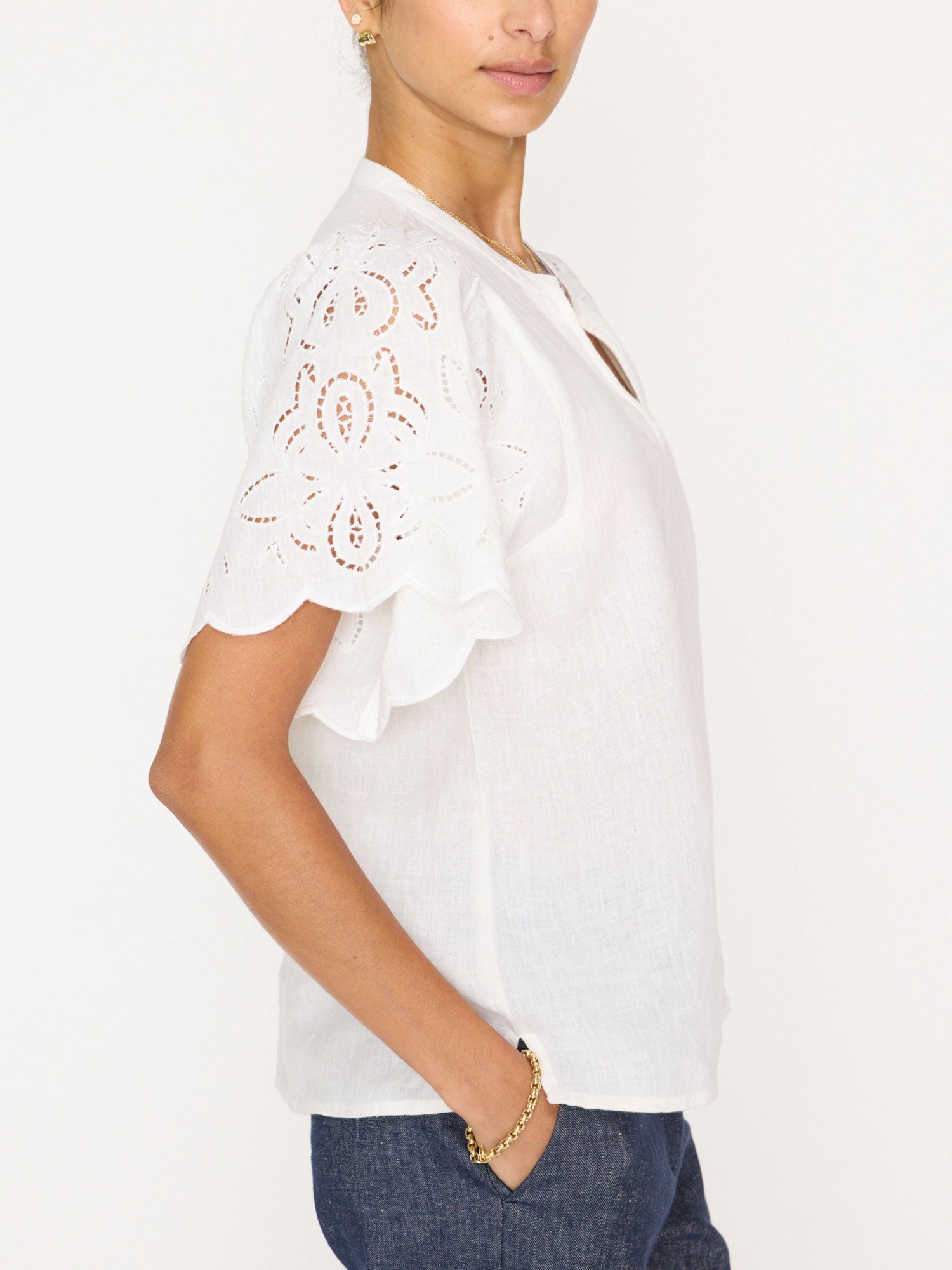 Shore linen embroidered sleeve white top side view