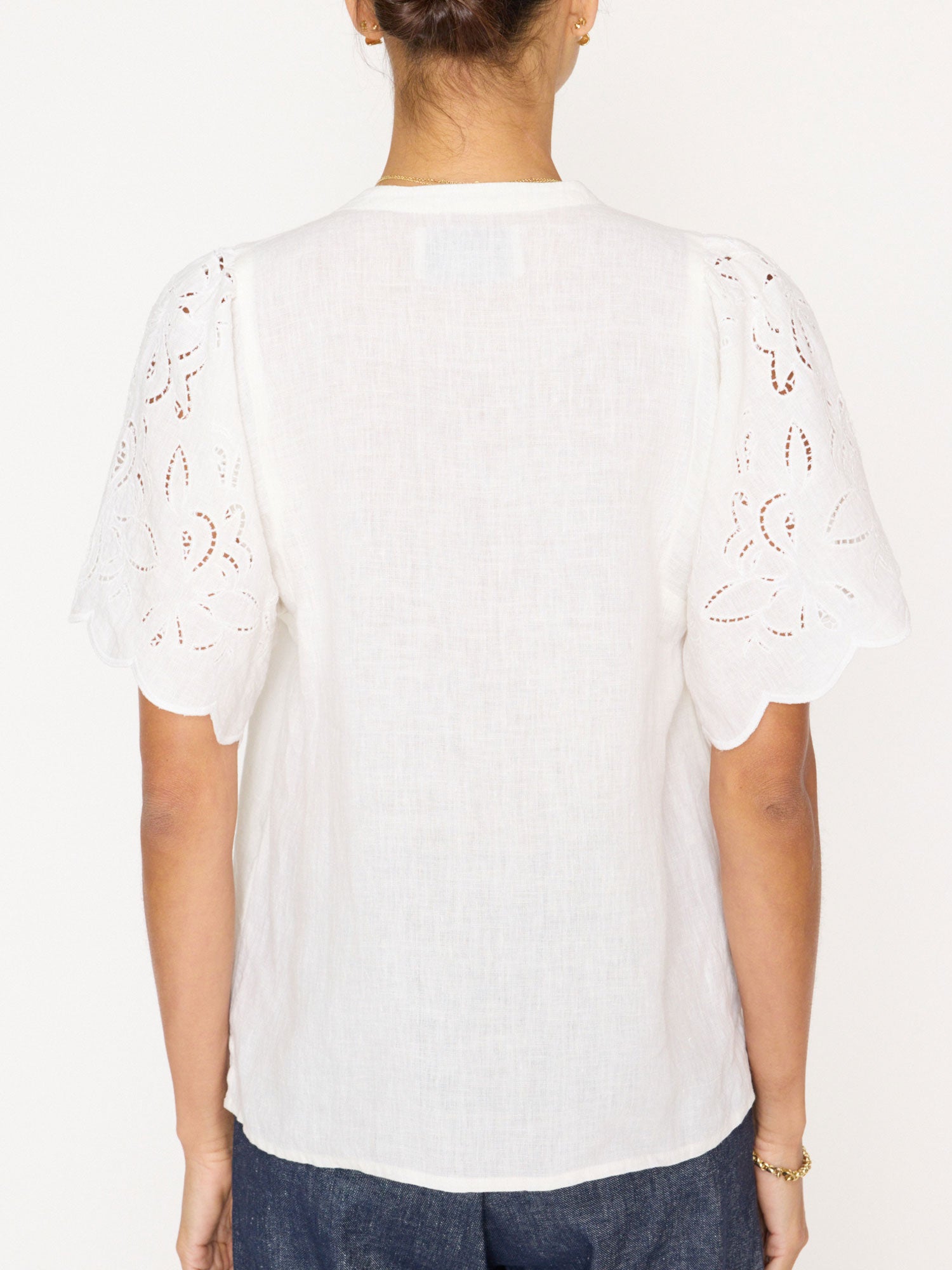 Shore linen embroidered sleeve white top back view