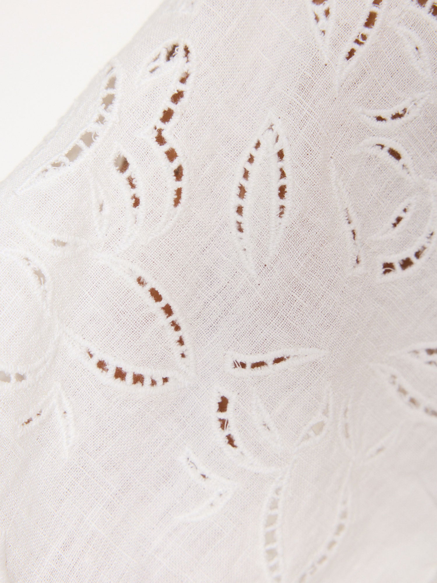 Shore linen embroidered sleeve white top close up