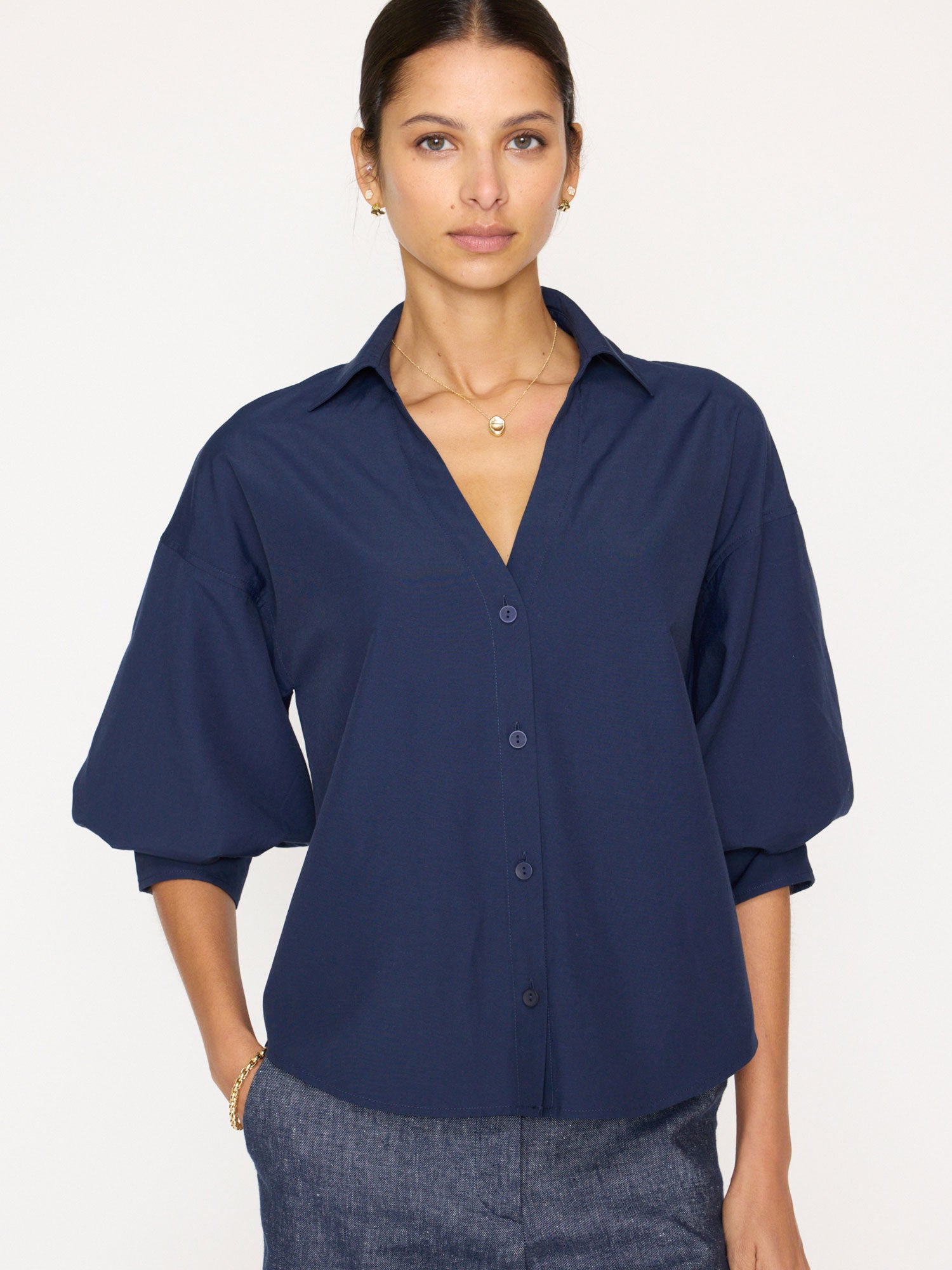 Kate V-neck button up navy shirt front view 2