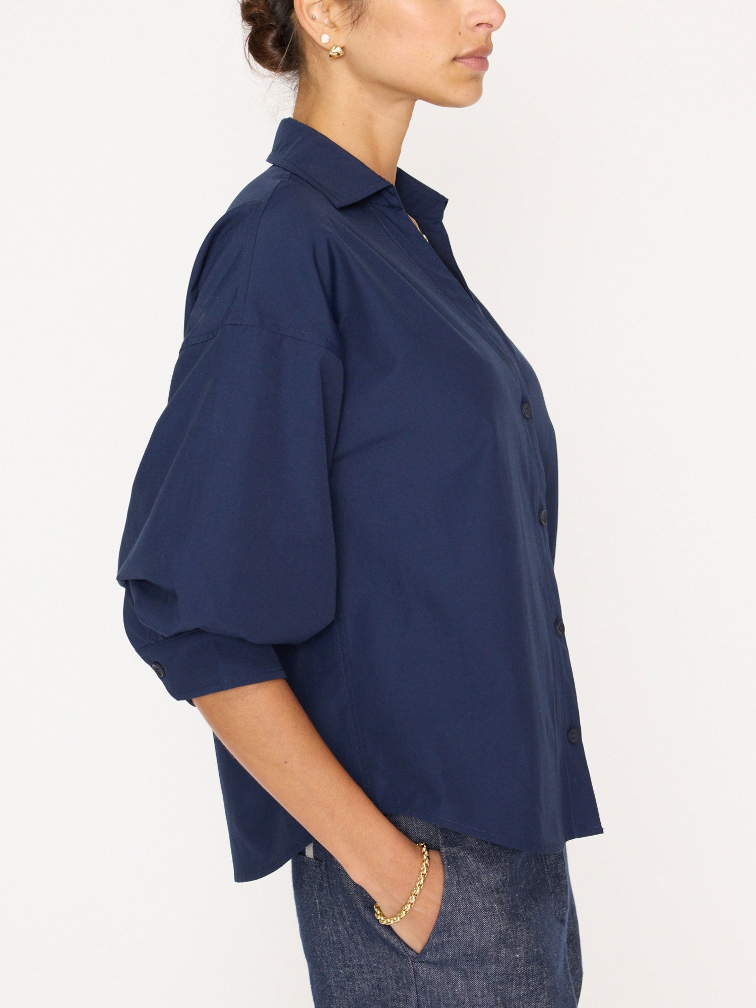 Kate V-neck button up navy shirt side view
