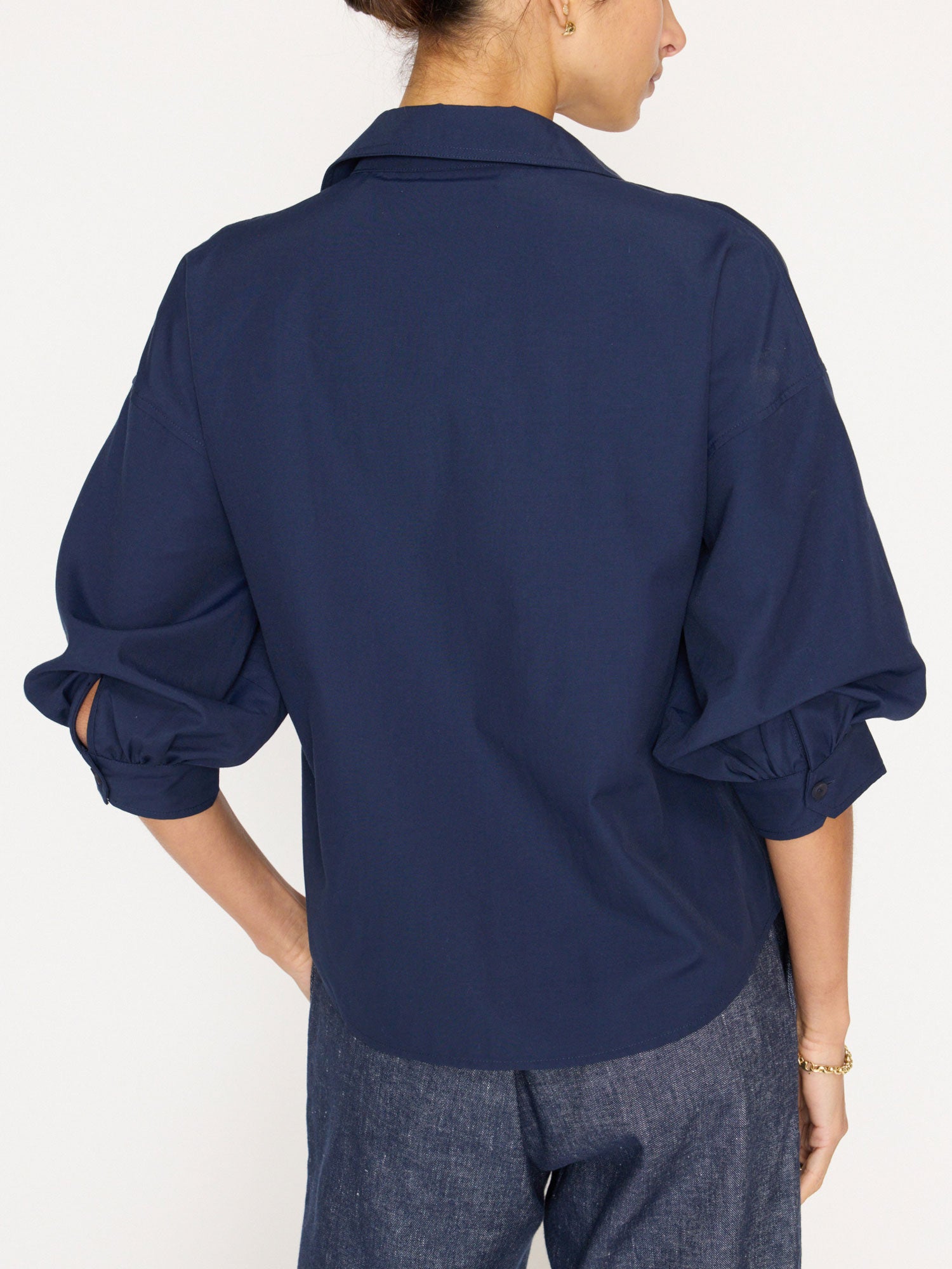 Kate V-neck button up navy shirt back view