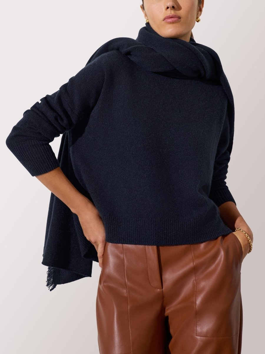 Women's Cashmere Fringe Sweater Wrap, Navy