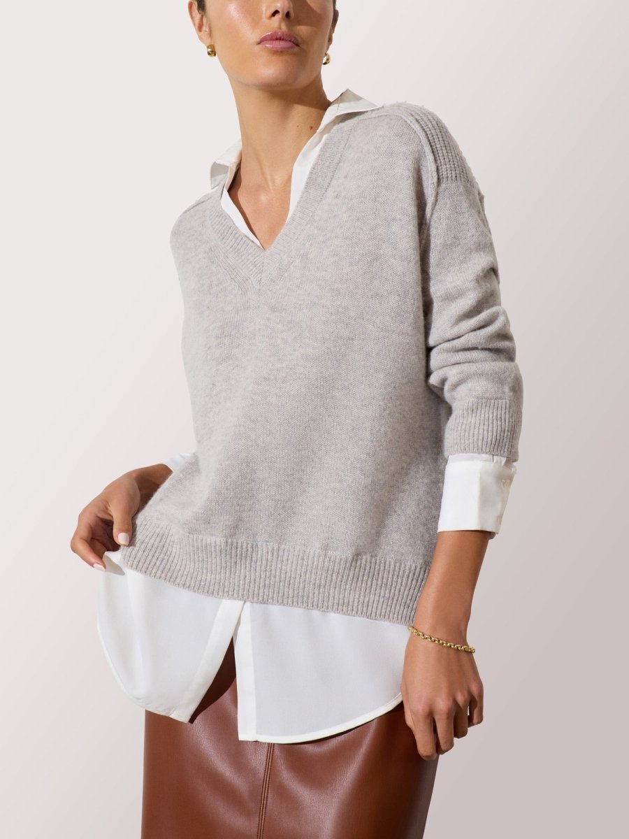 Women's V-neck Layered Pullover Sweater in Vail Grey with White