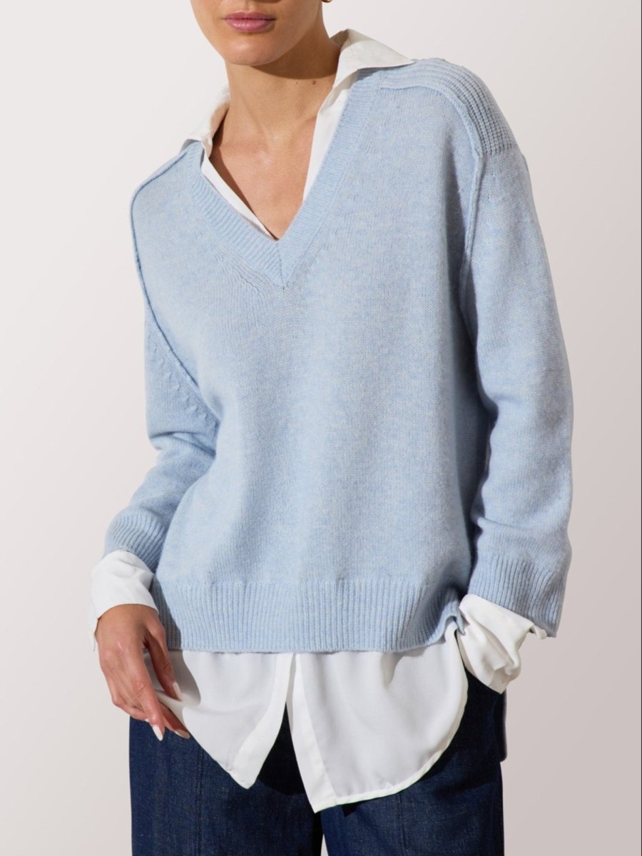 Women's V-neck Layered Pullover Sweater in Skye Blue