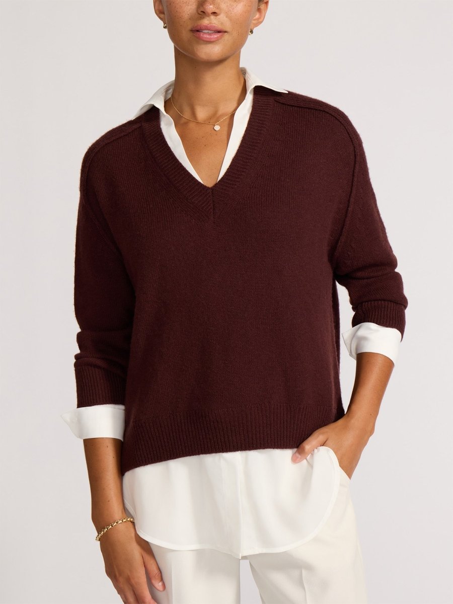 Women's V-Neck Layered Pullover in Cordovan with White Brochu Walker