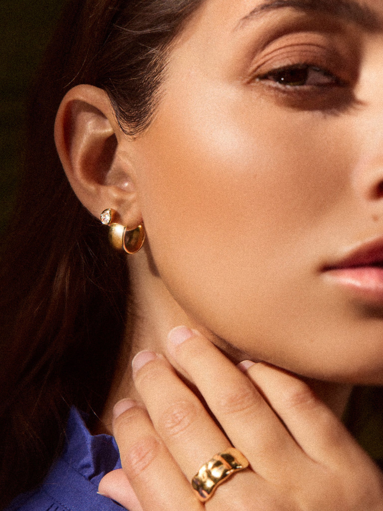 18k yellow gold Romance Pear Diamond Droplet earrings on ear