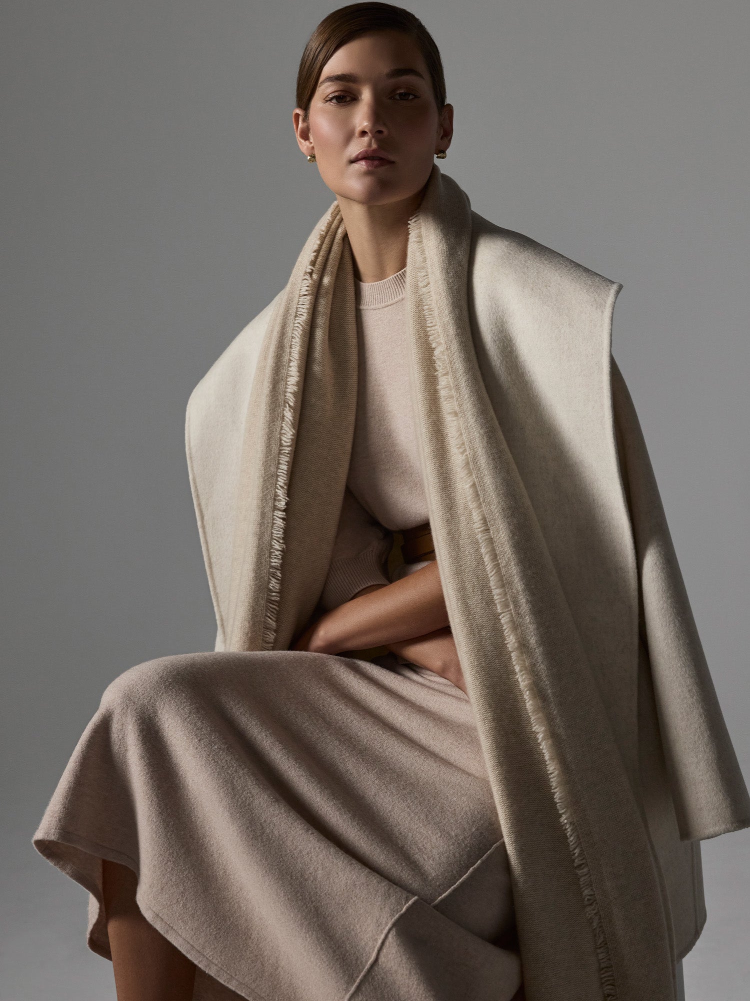 Women's Cashmere Fringe Sweater Wrap, Bisque Mélange