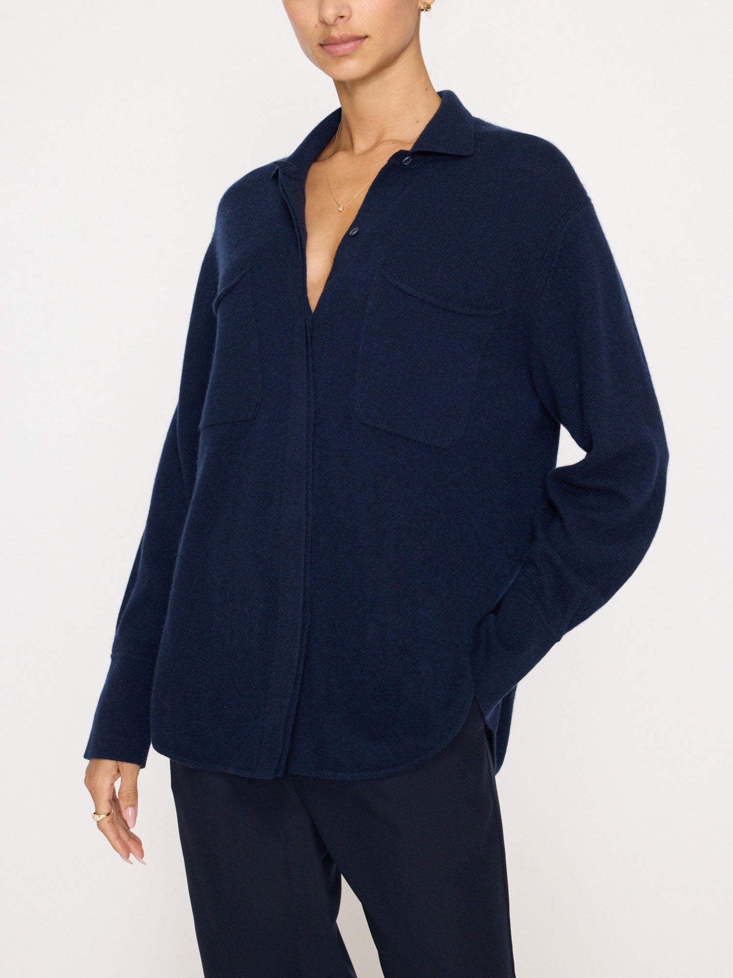 Andre cashmere button down navy shacket front view 3