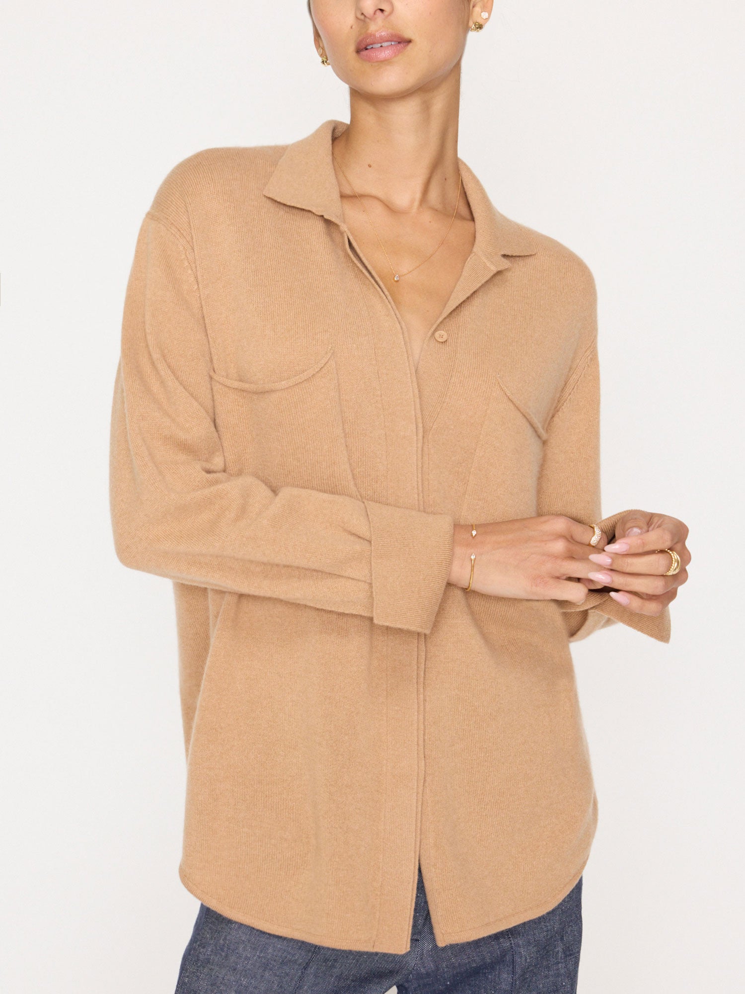 Andre cashmere button down camel shacket front view 2 