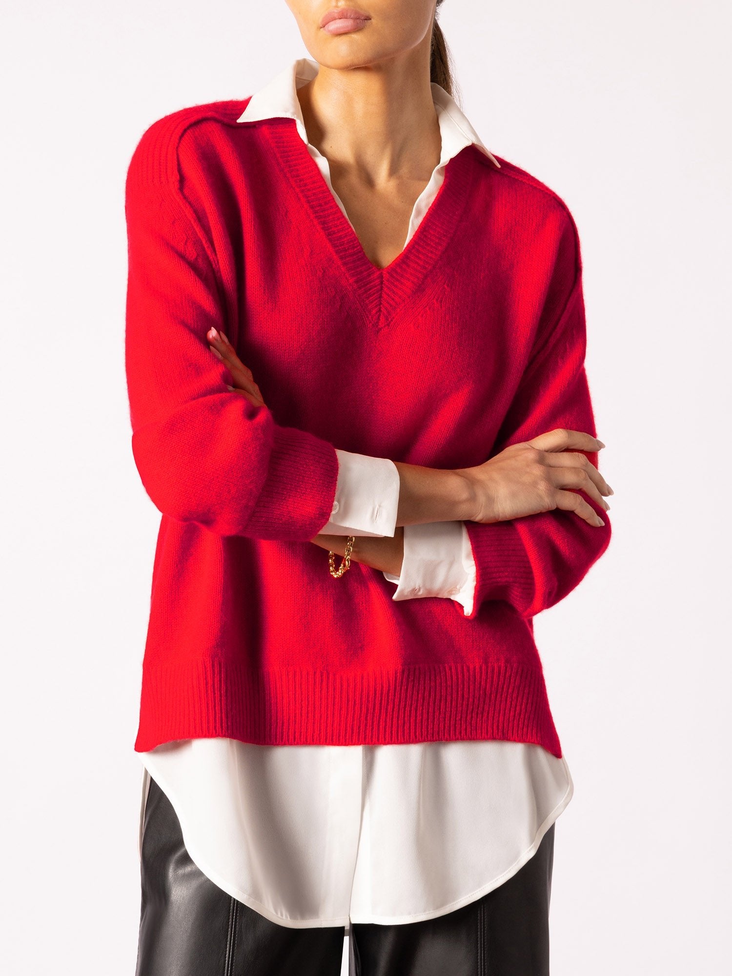 Women's V-Neck Layered Pullover in Aura Red | Brochu Walker