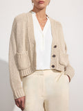 Cropped beige linen cotton cardigan sweater front view