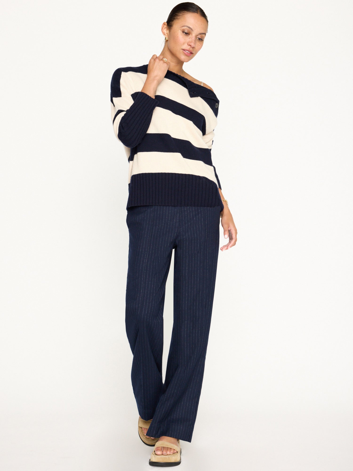 Cy navy and beige stripe crewneck sweater full view 3