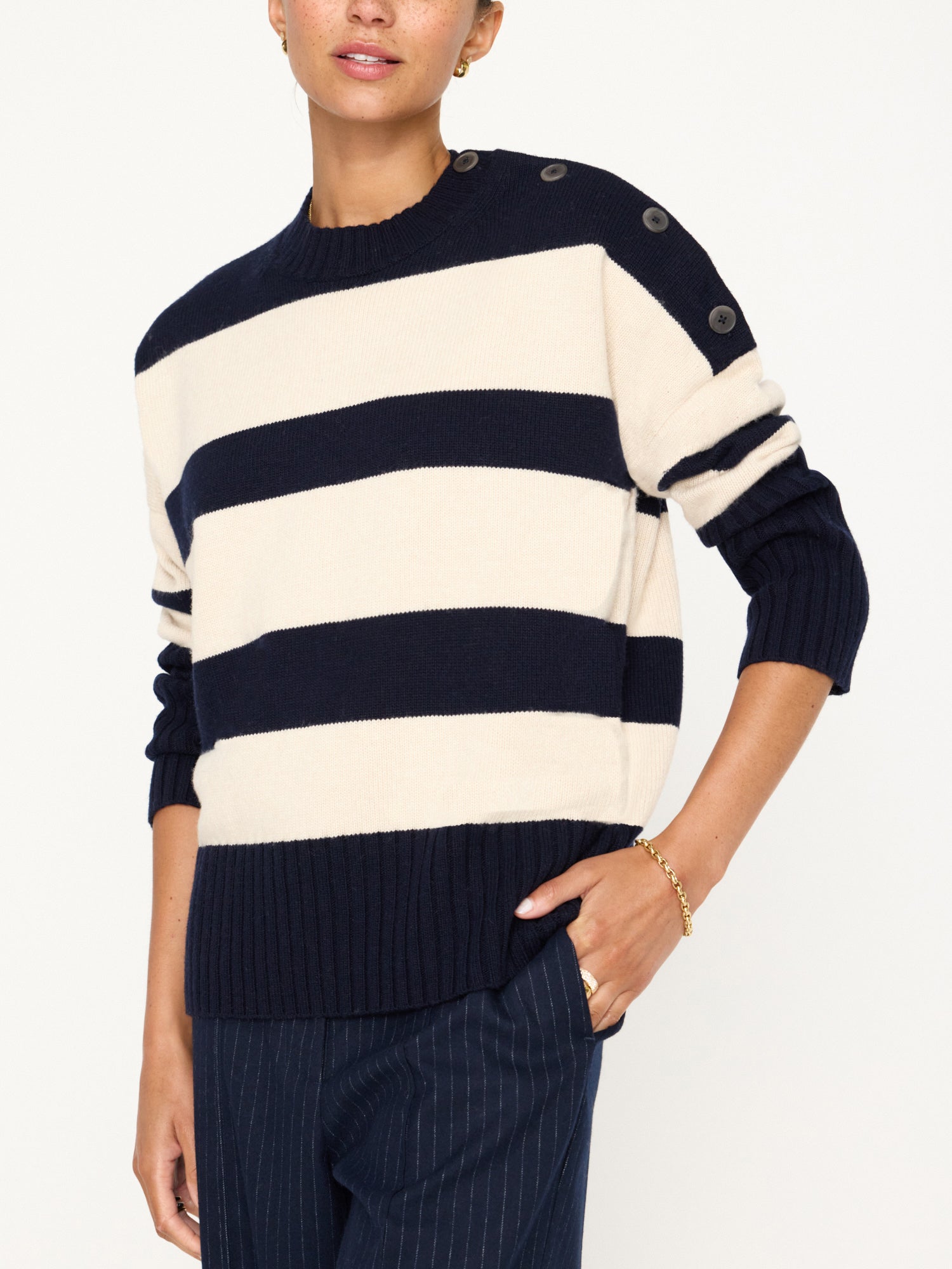 Cy navy and beige stripe crewneck sweater front view 3