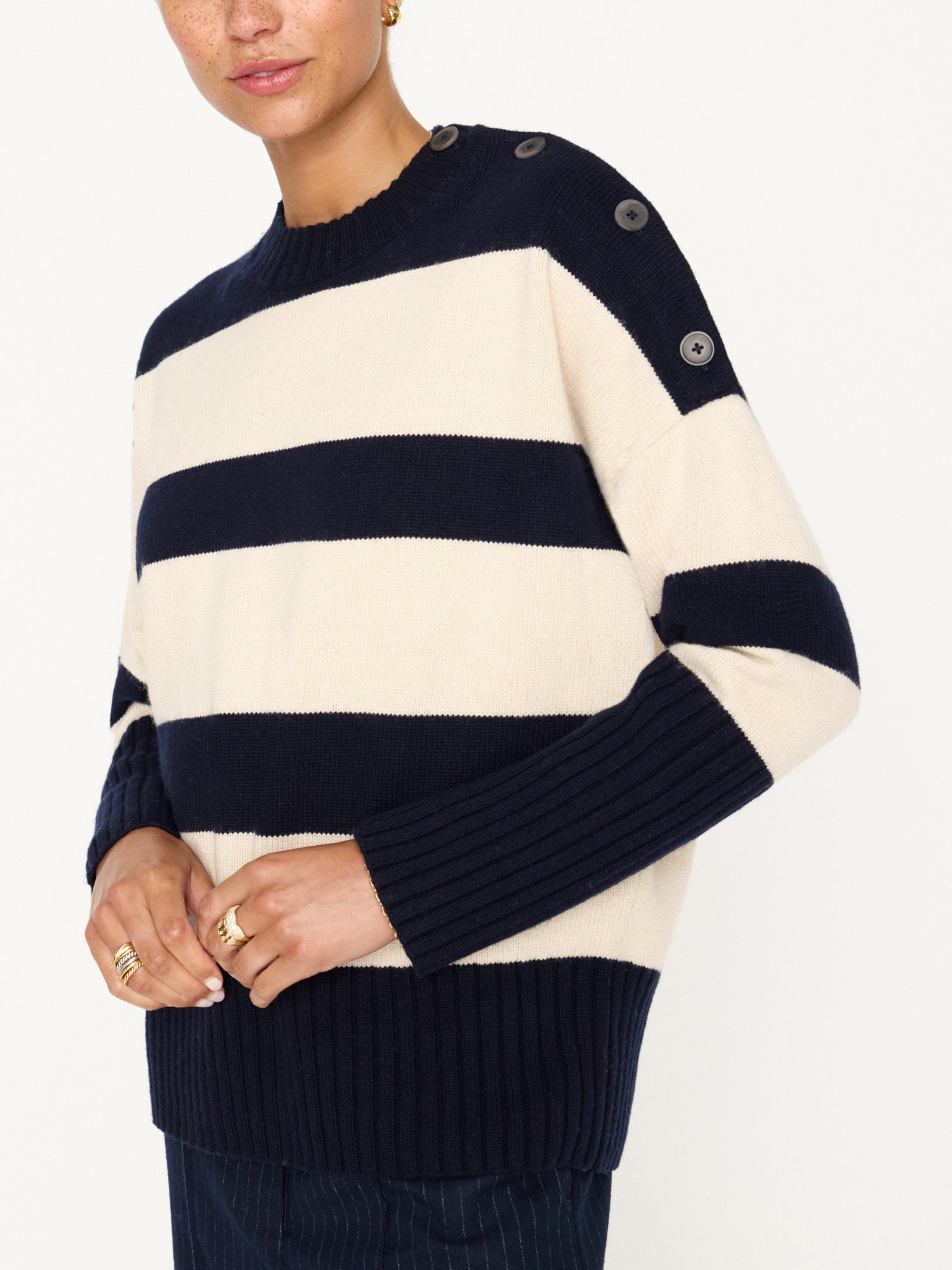 Cy navy and beige stripe crewneck sweater front view 2