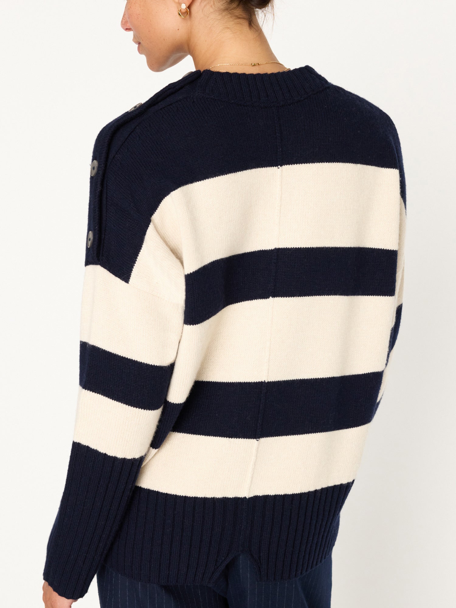 Cy navy and beige stripe crewneck sweater back view