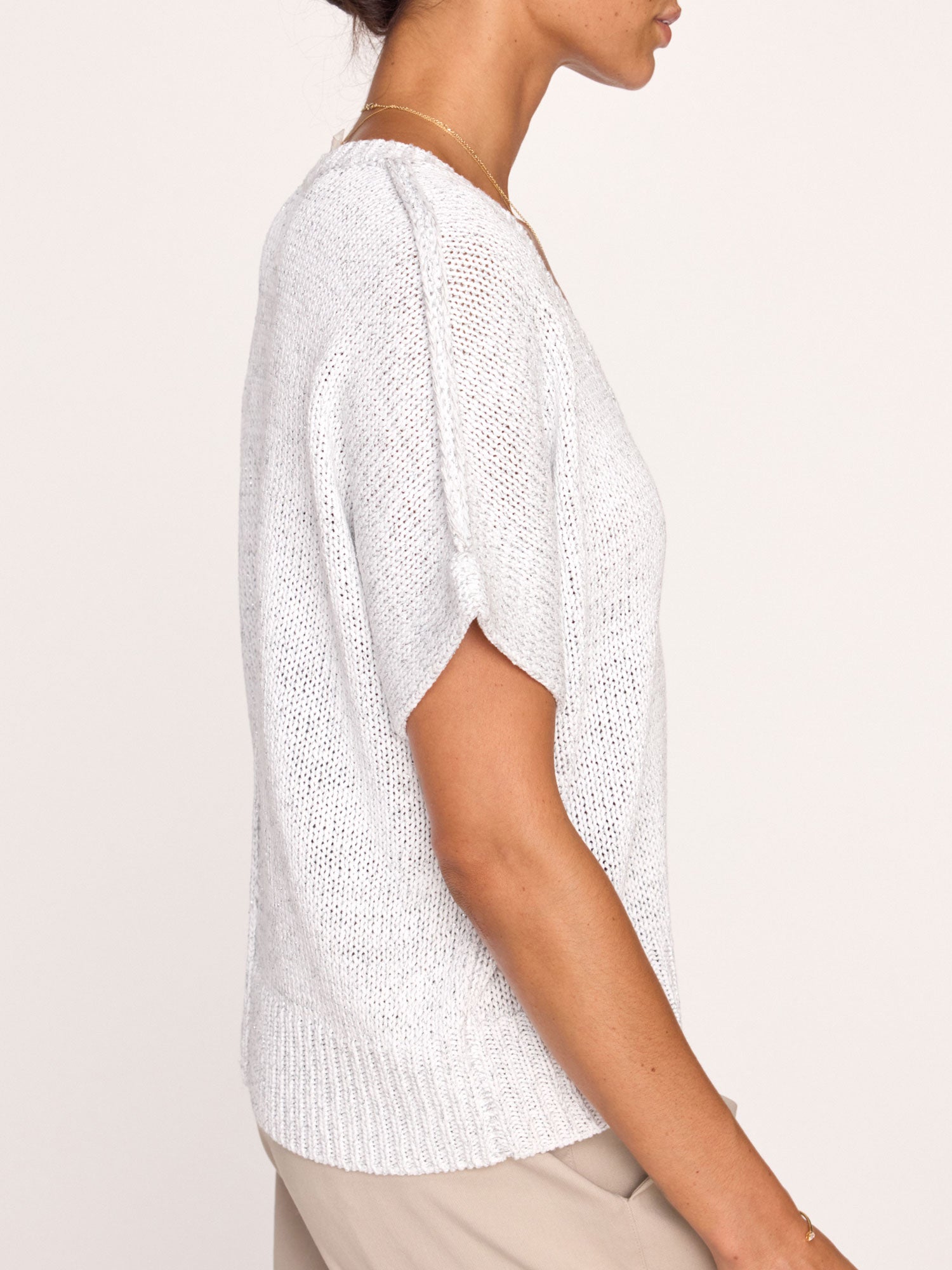 Gaia white metallic v-neck loose t-shirt side view 