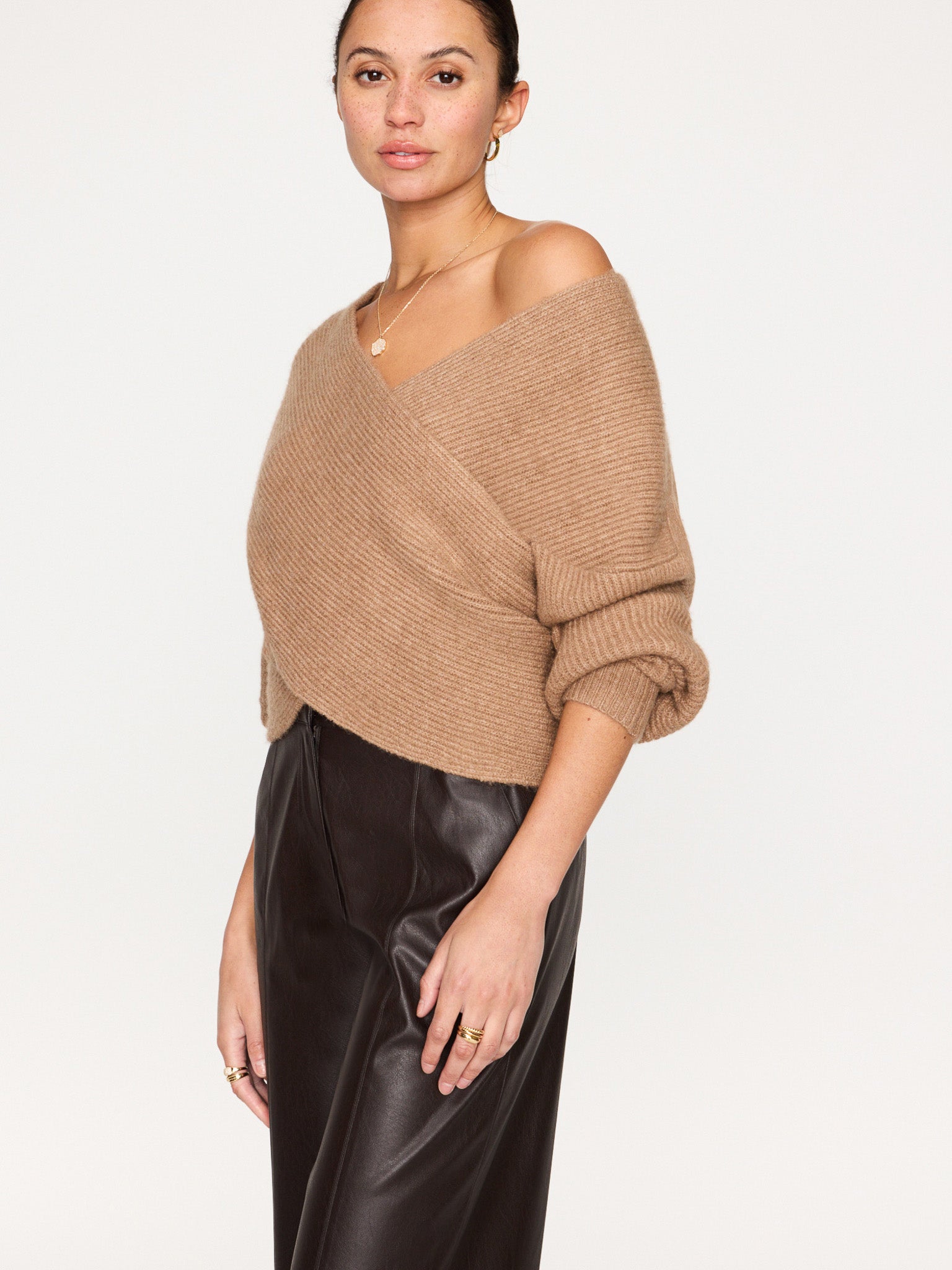 Hughes tan crossover wrap front sweater side view