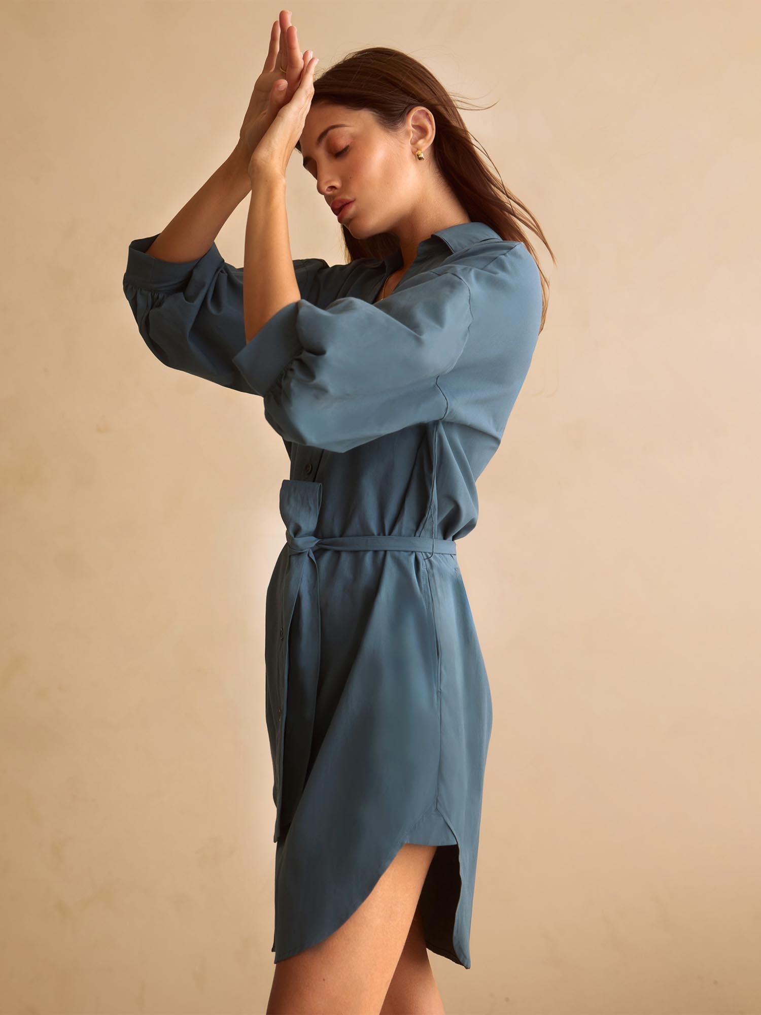 Kate belted button up mini dress blue gray side view