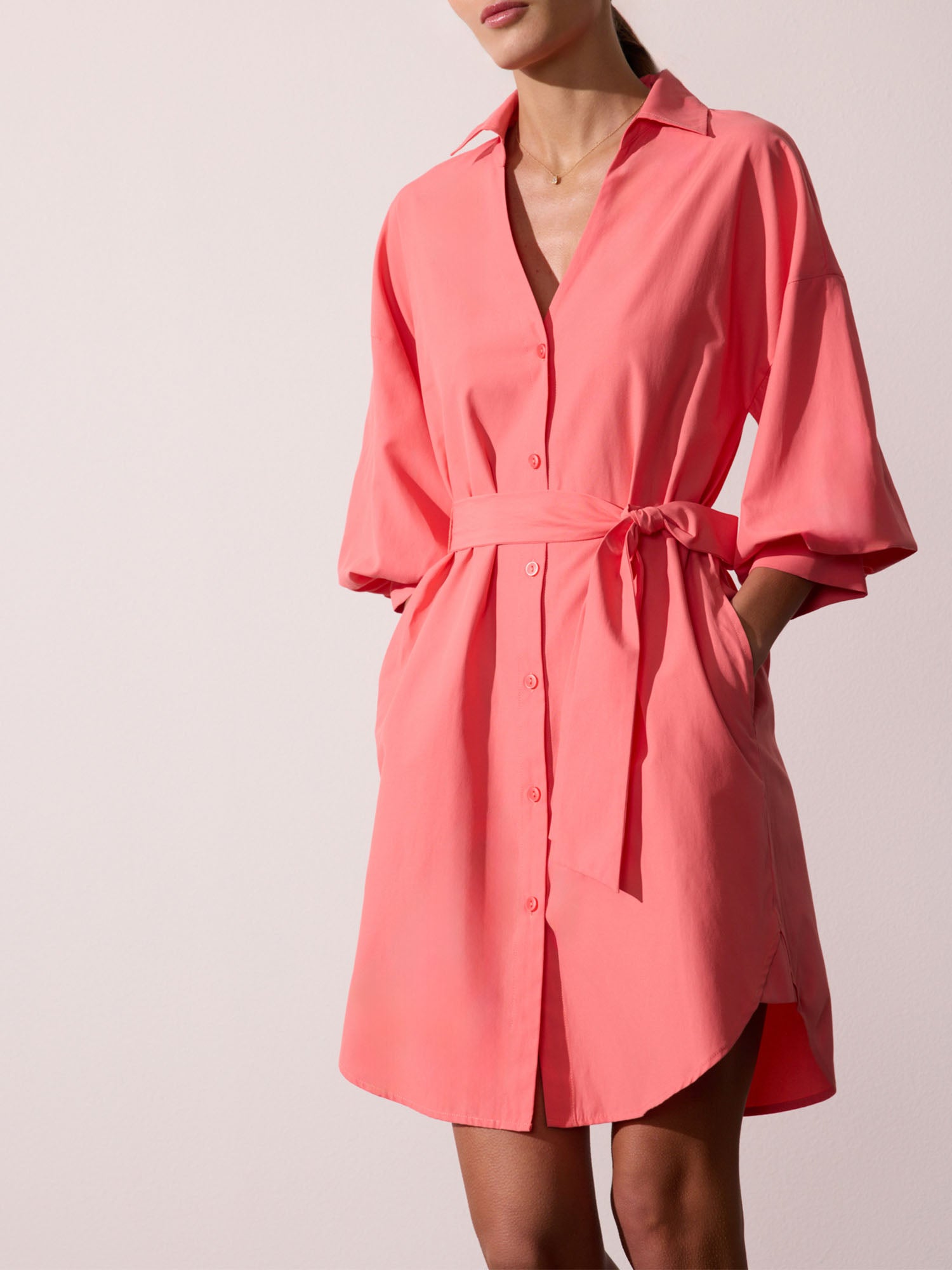Kate belted button up mini shirtdress pink front view 2