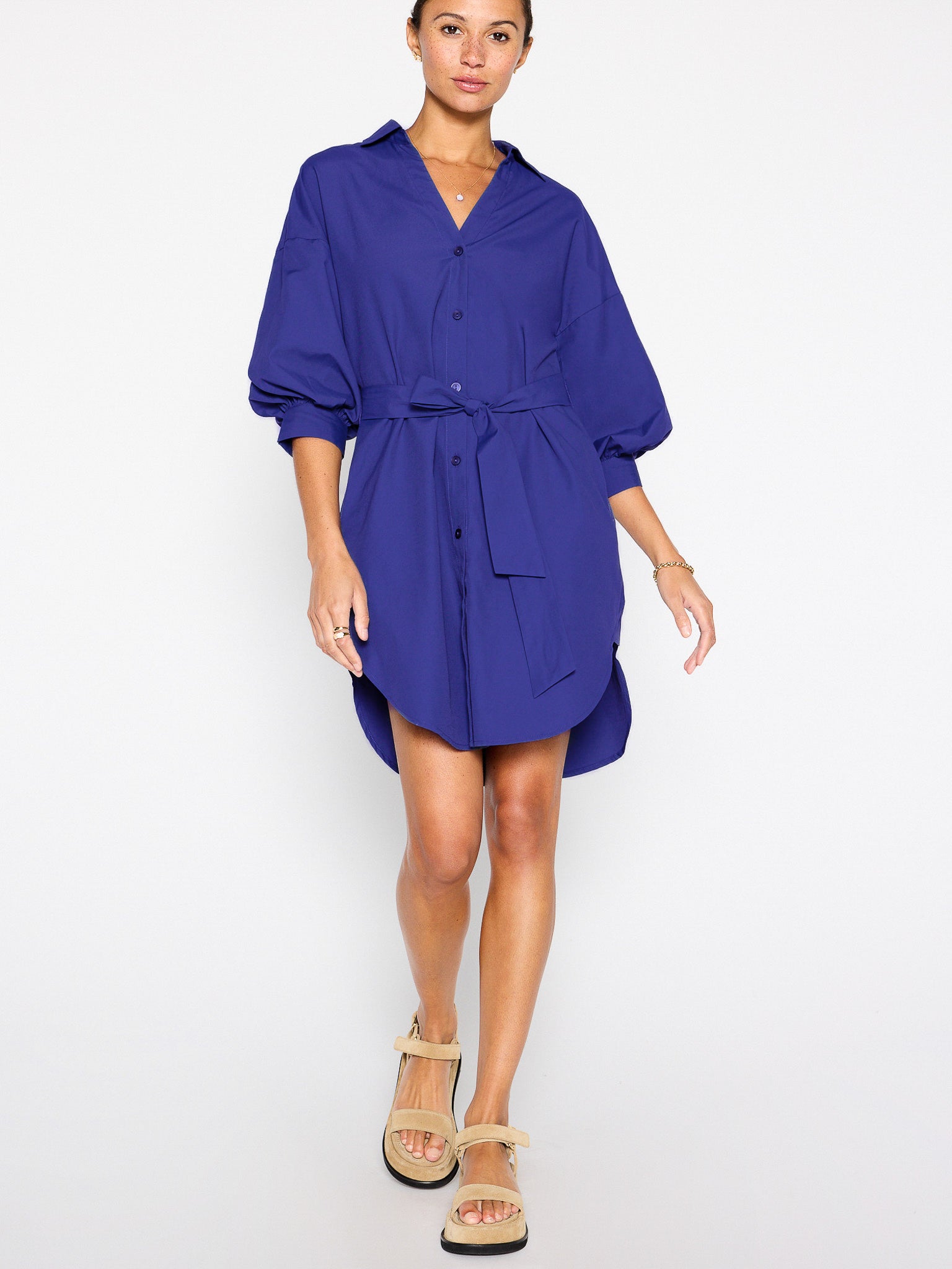 Kate belted button up mini shirtdress blue full view