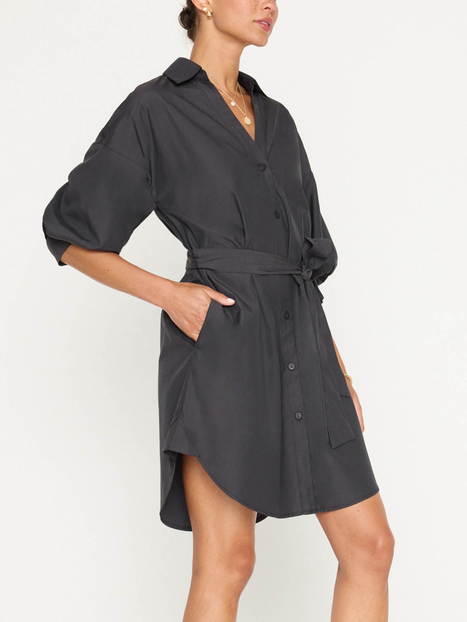 Kate belted button up mini dress black side view
