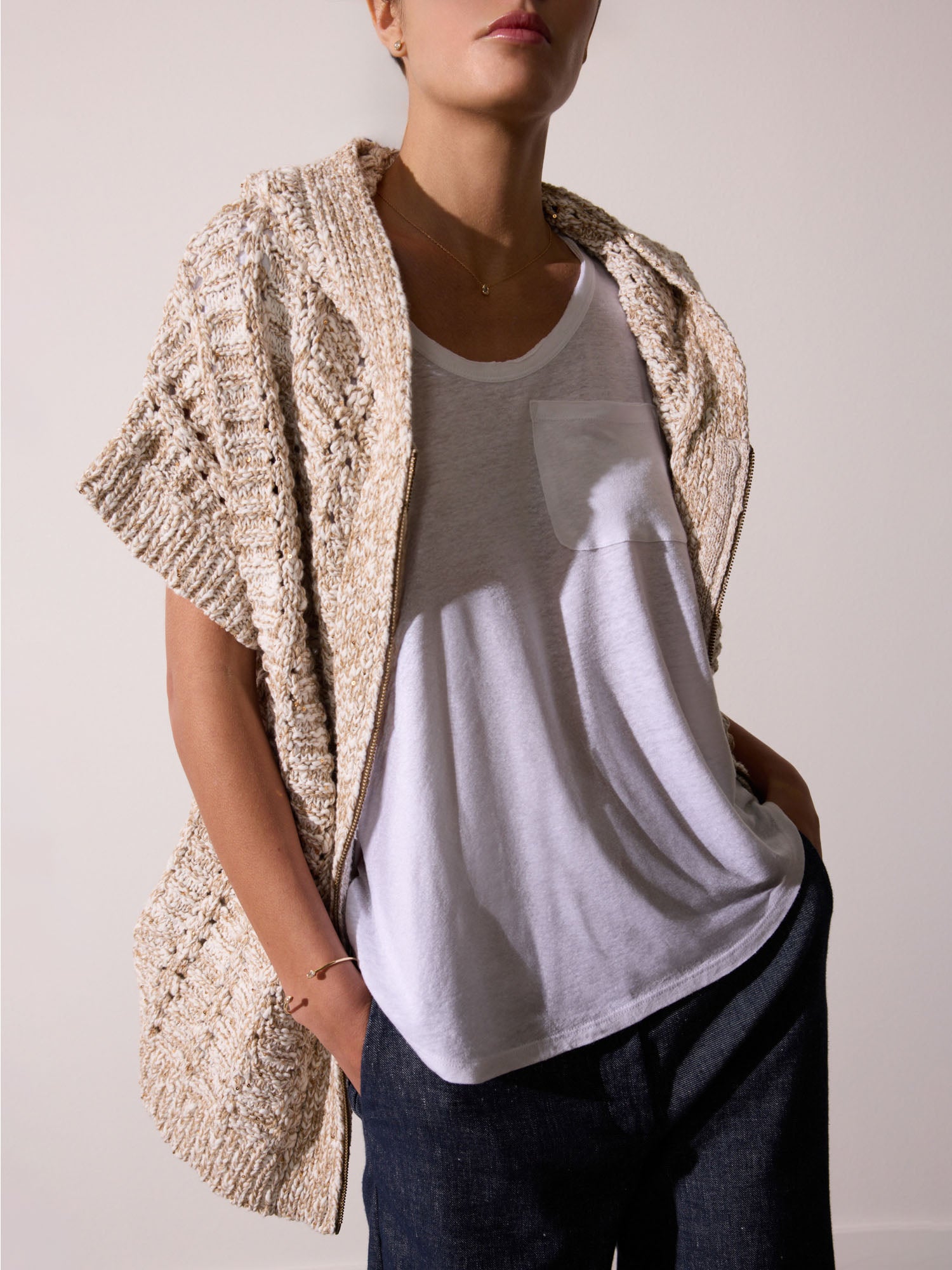 Malia short sleeves zip up beige hoodie sweater front view 3