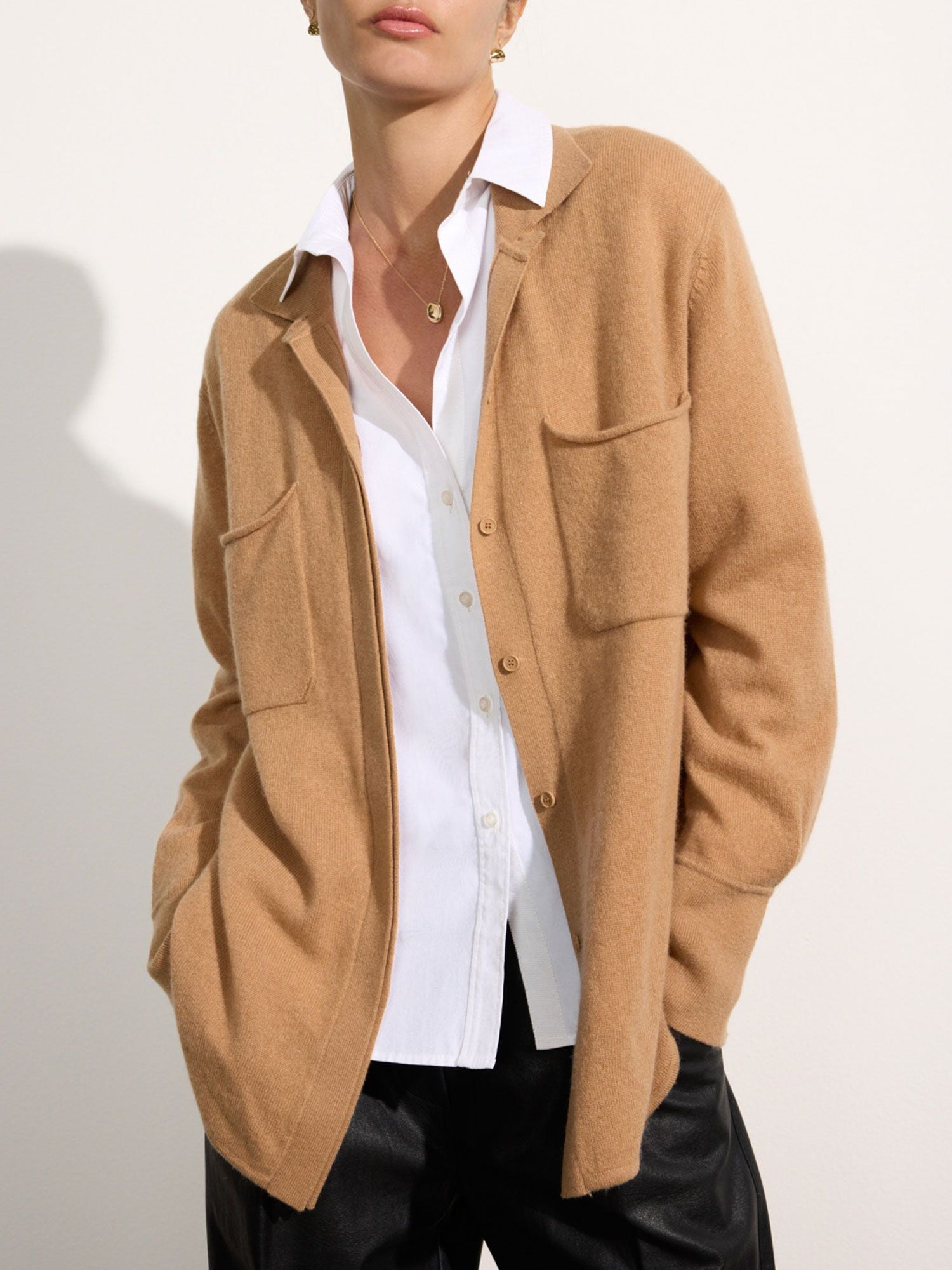 Andre cashmere button down camel shacket front view