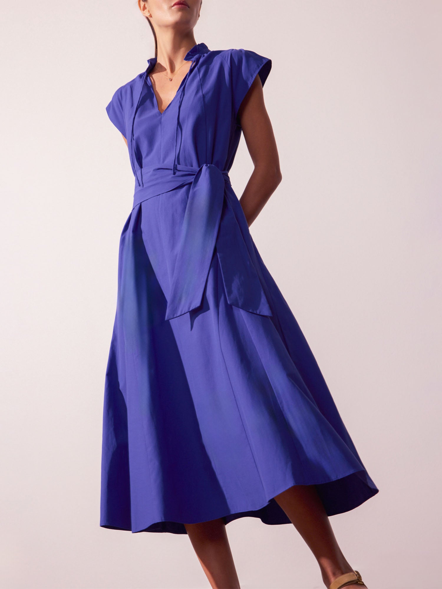 Newport ruffle belted blue midi dress  front view