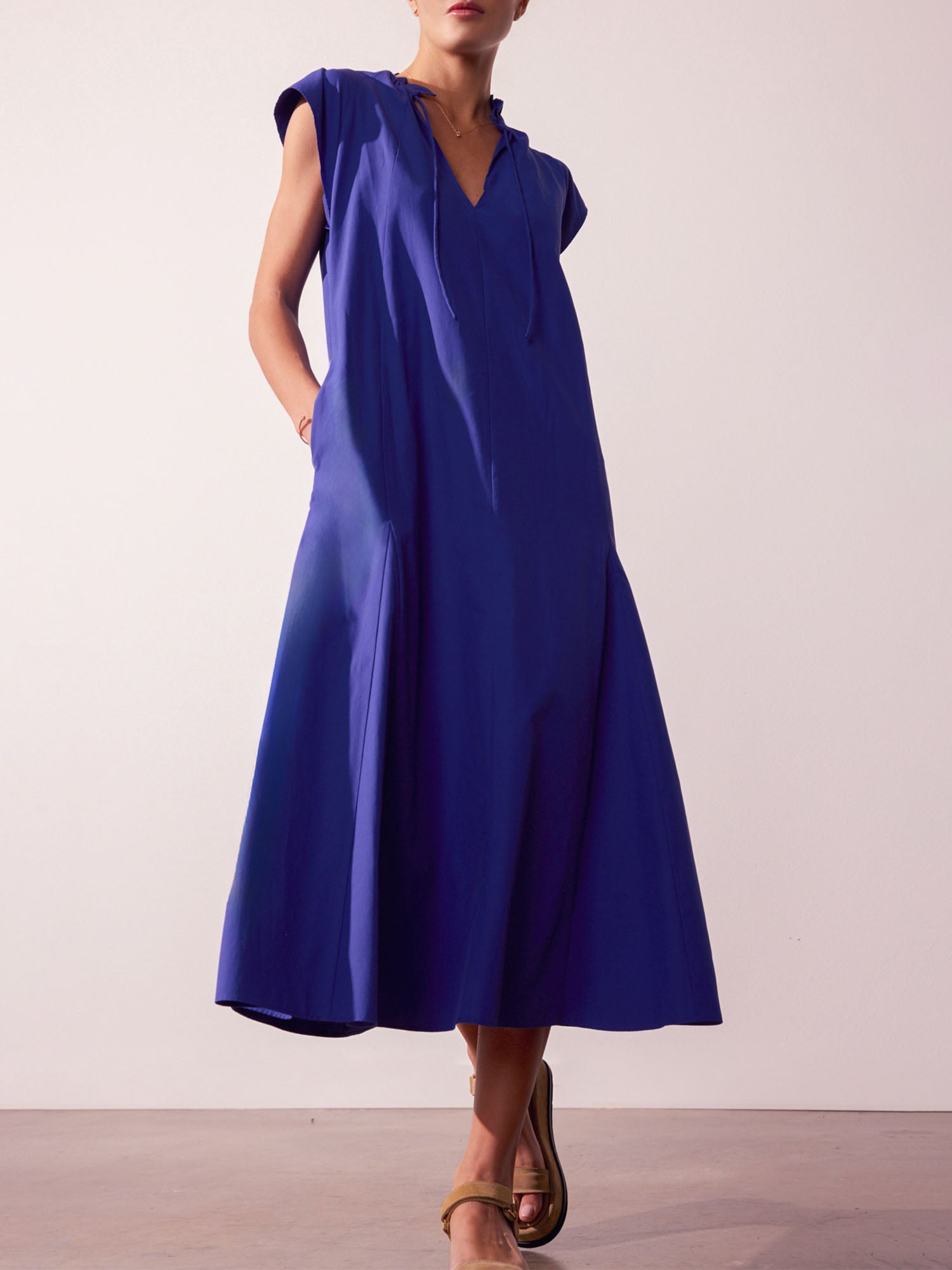 Newport ruffle belted blue midi dress front view 2