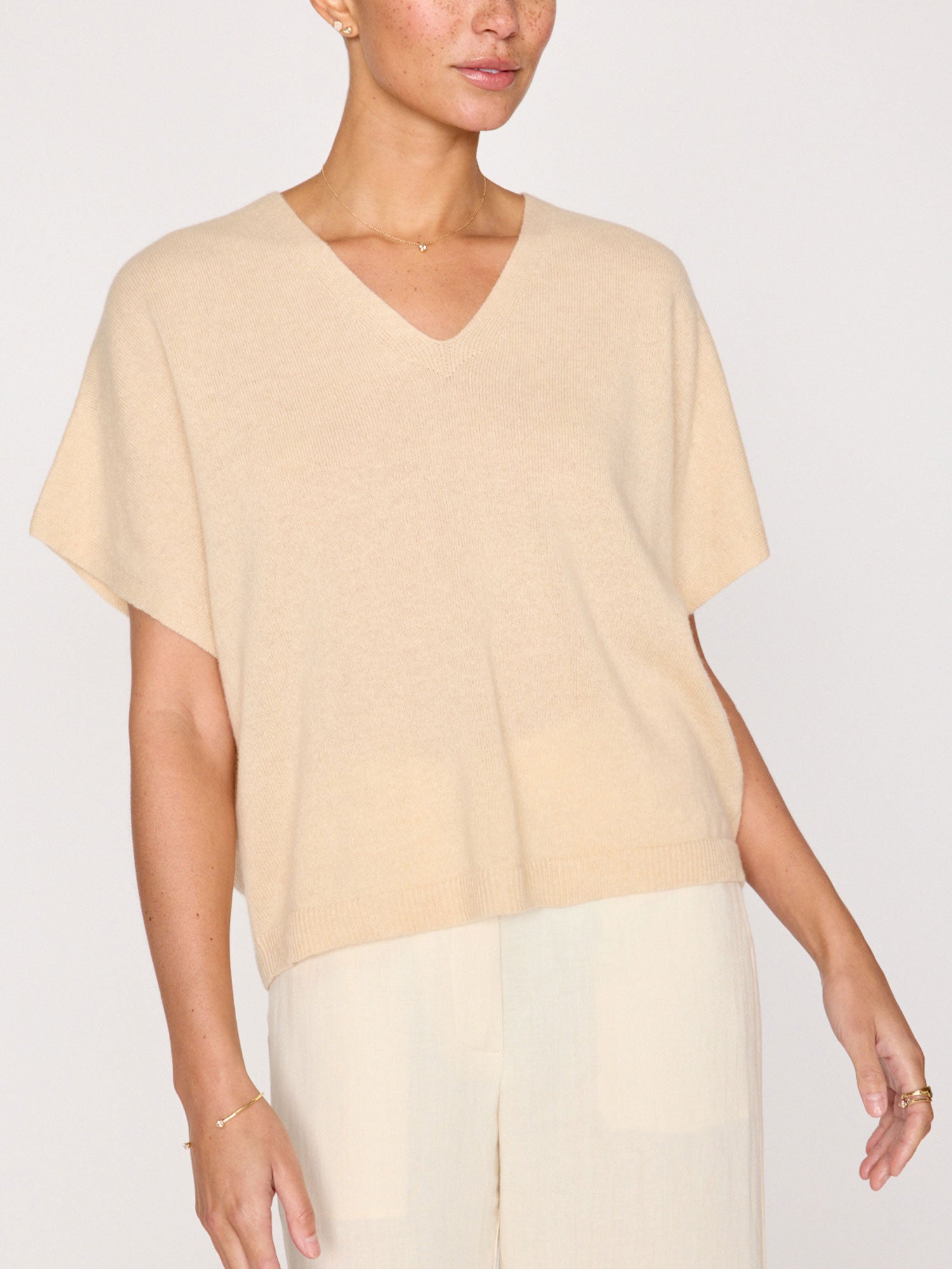 Ophi cashmere tan V-neck t-shirt top front view 3