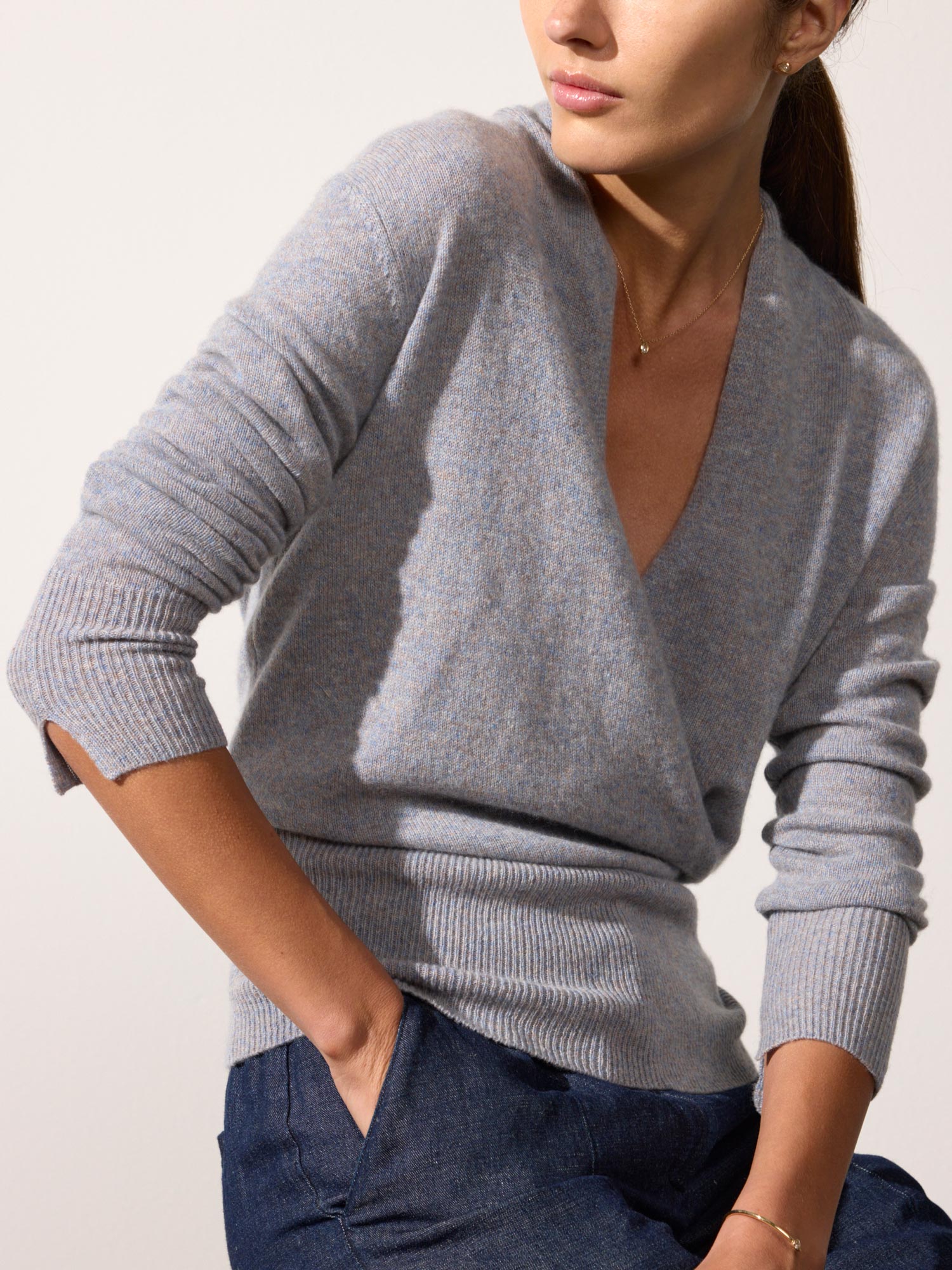 Phinneas cashmere v-neck blue wrap sweater front view