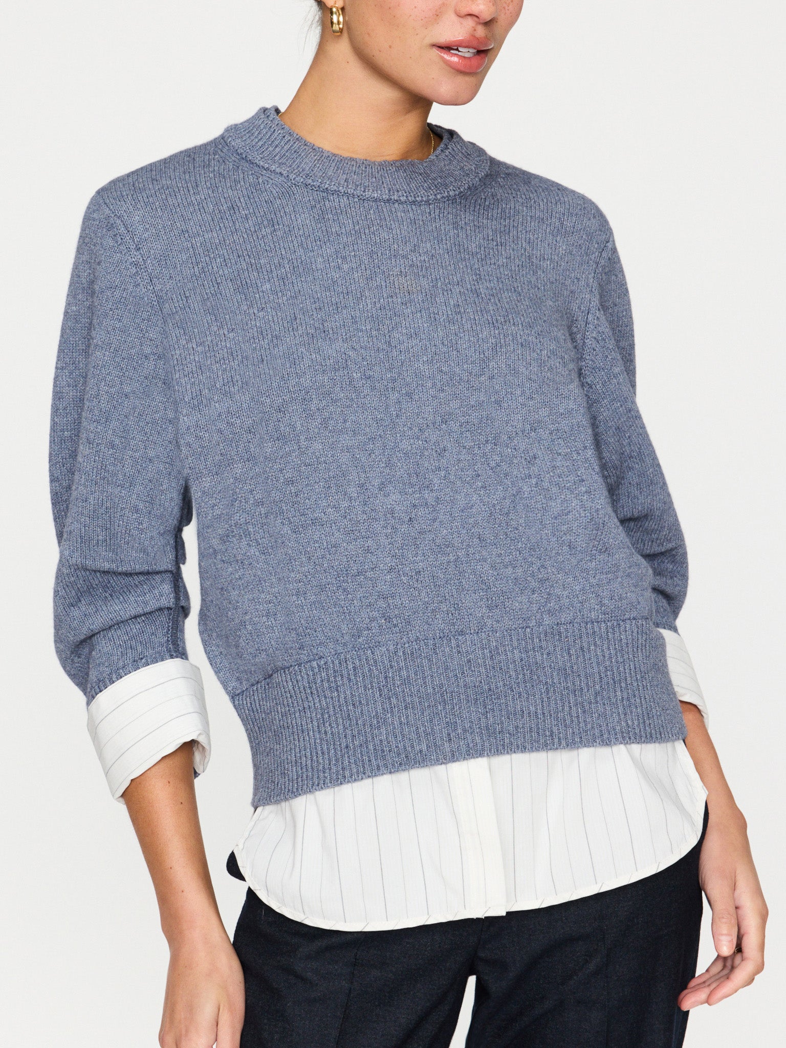 Raya blue ruched layered crewneck sweater front view 2