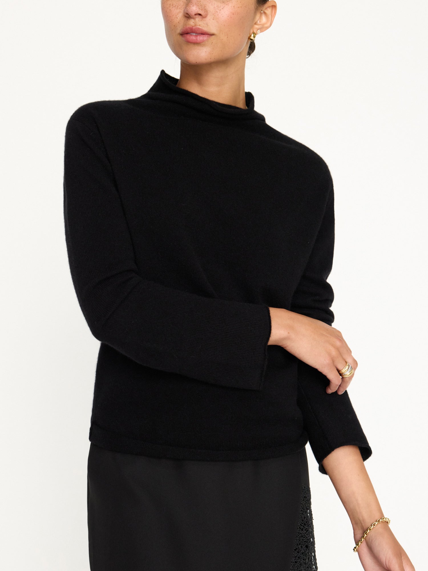 Rhone funnel neck black sweater front view 2 