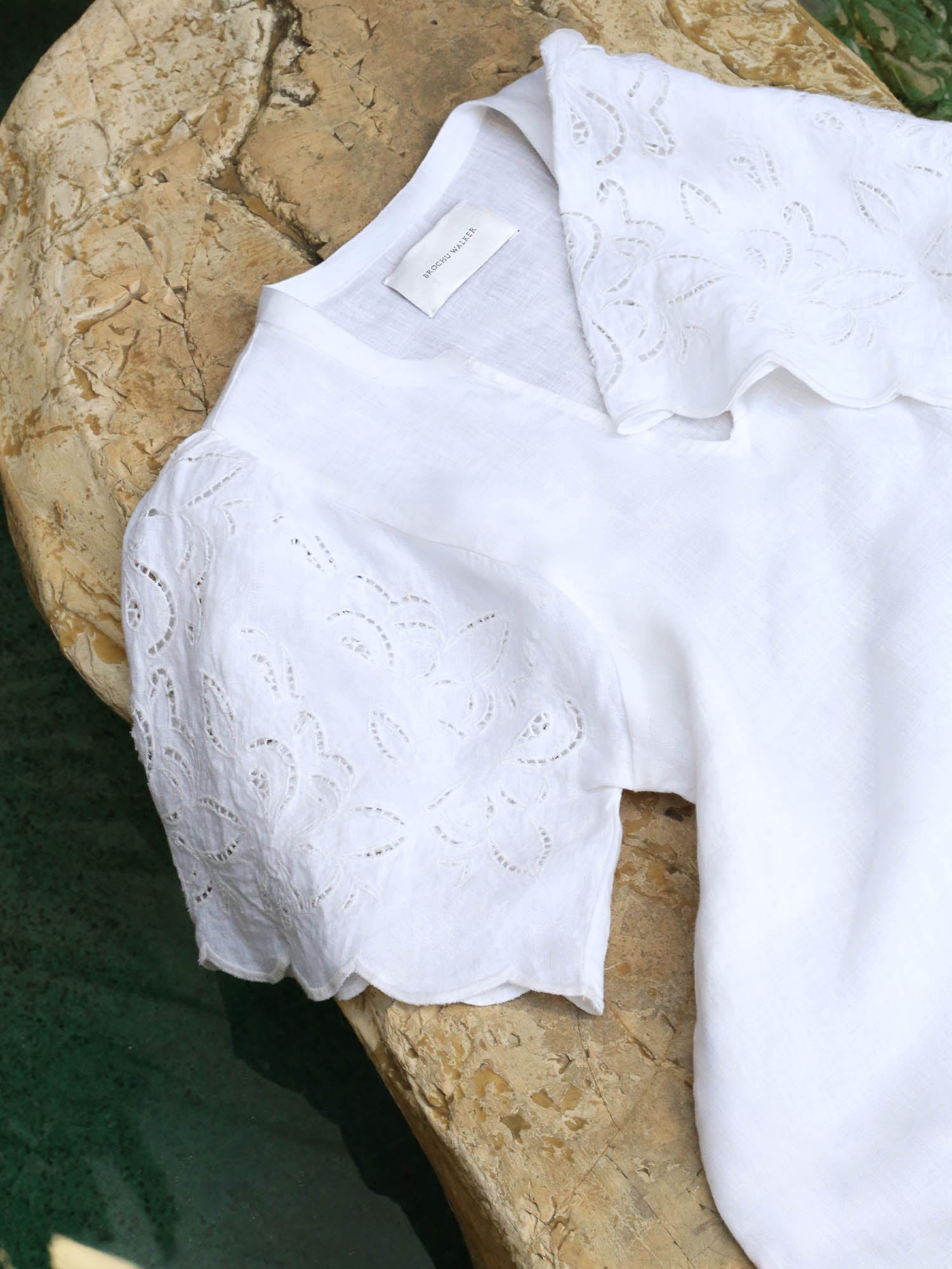 Shore linen embroidered sleeve white top flat view 2