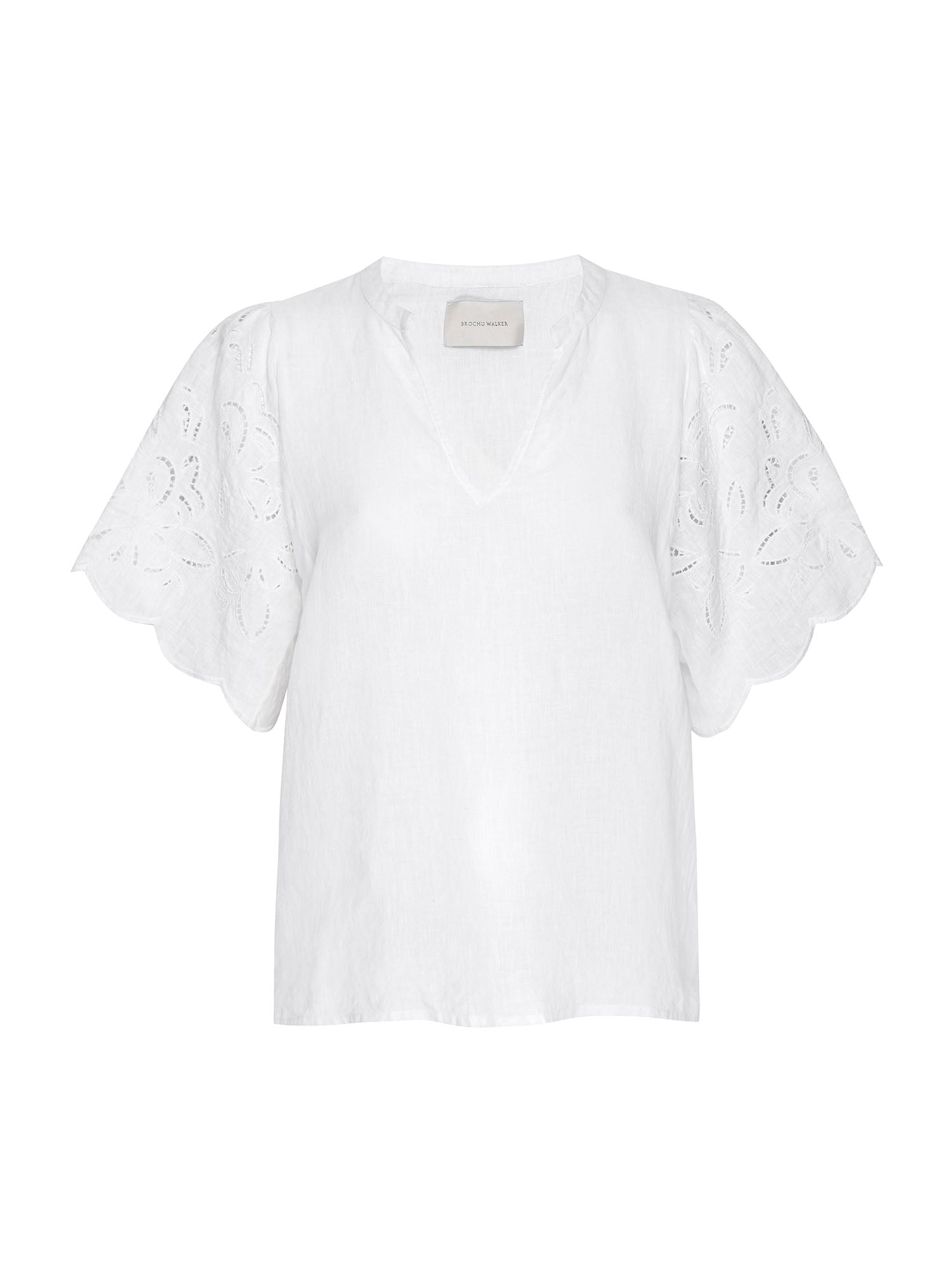 Shore linen embroidered sleeve white top flat view 