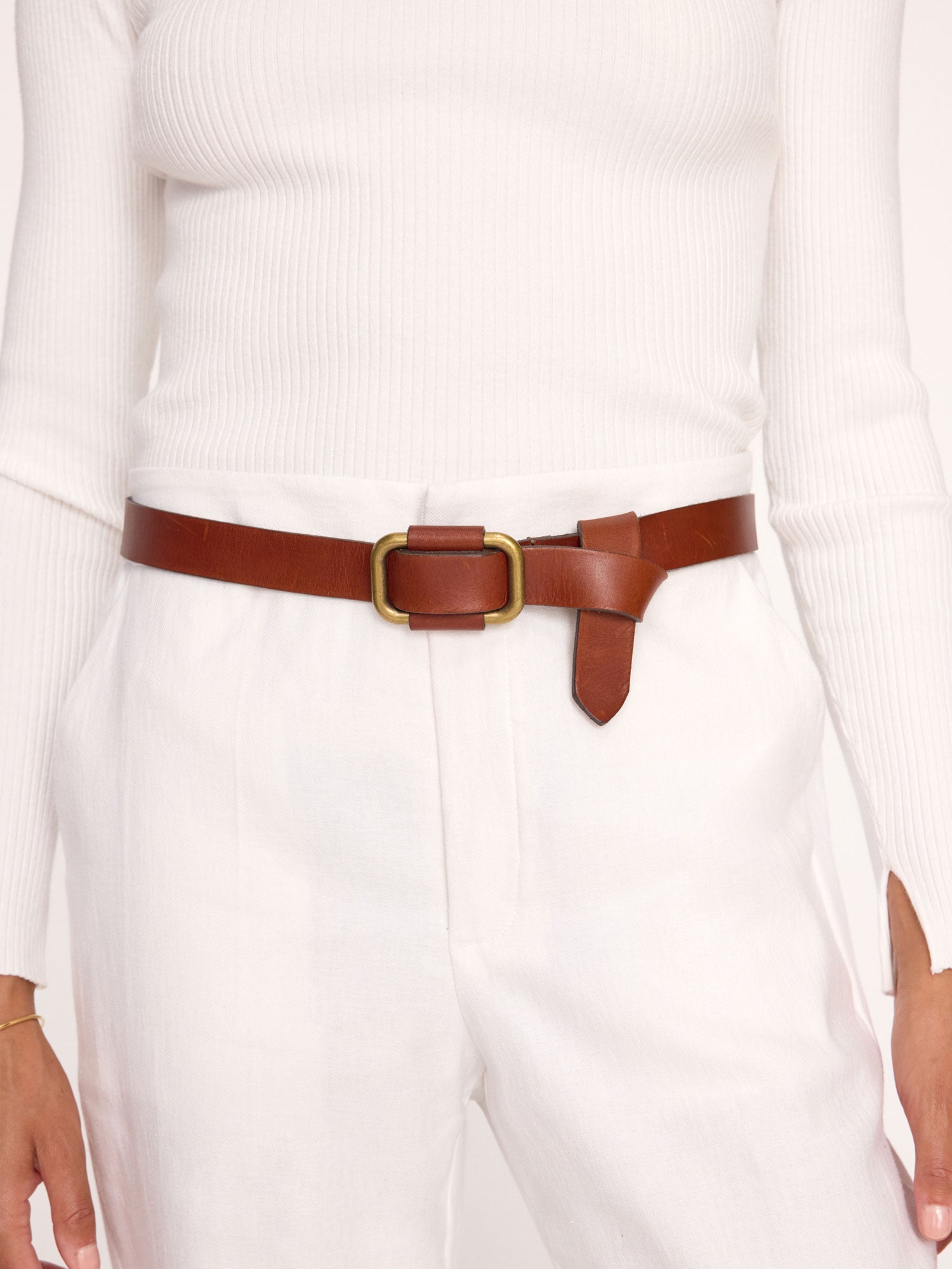 Saddle brown leather buckle belt full view 2 