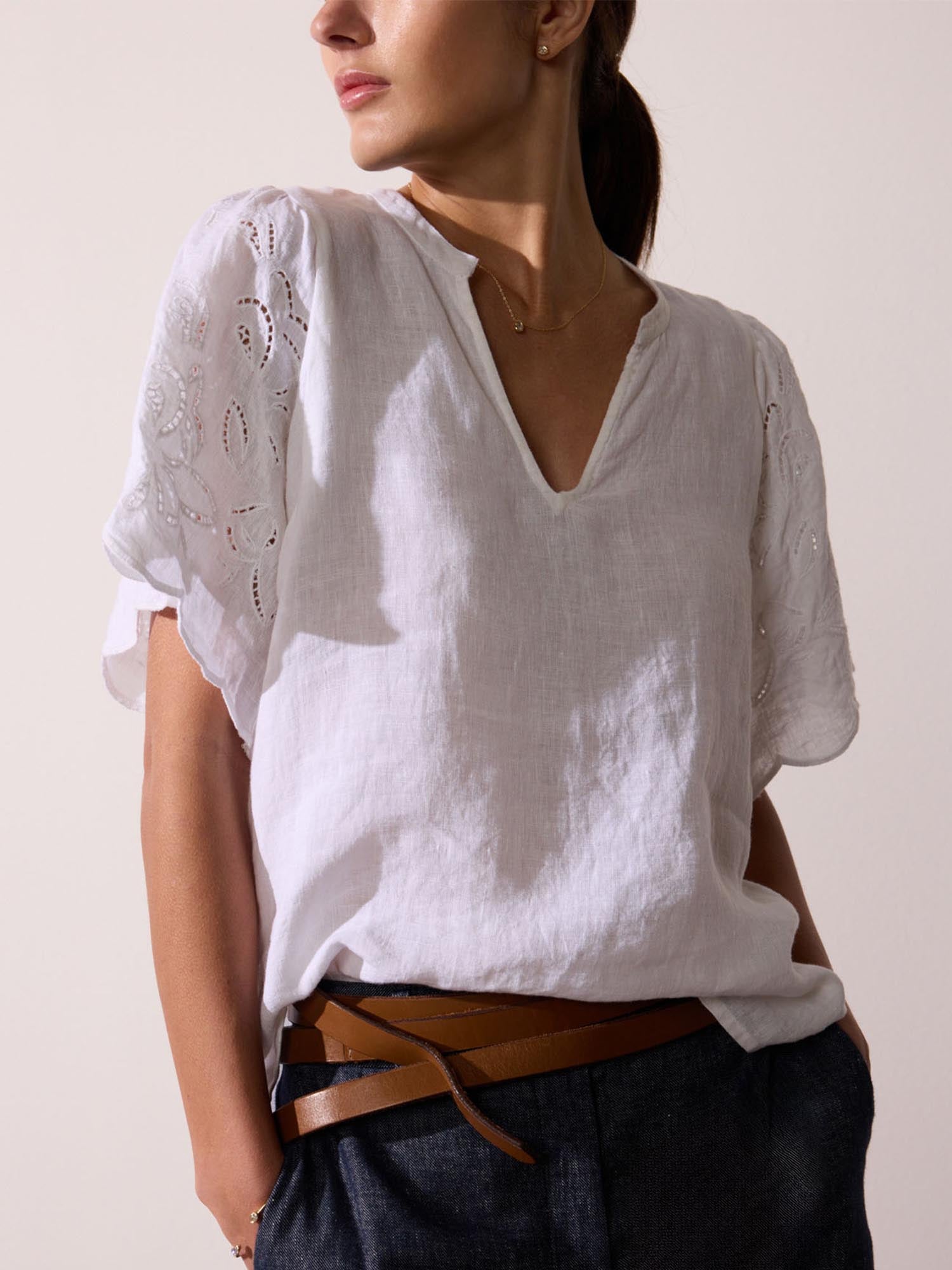 Shore linen embroidered sleeve white top front view 2