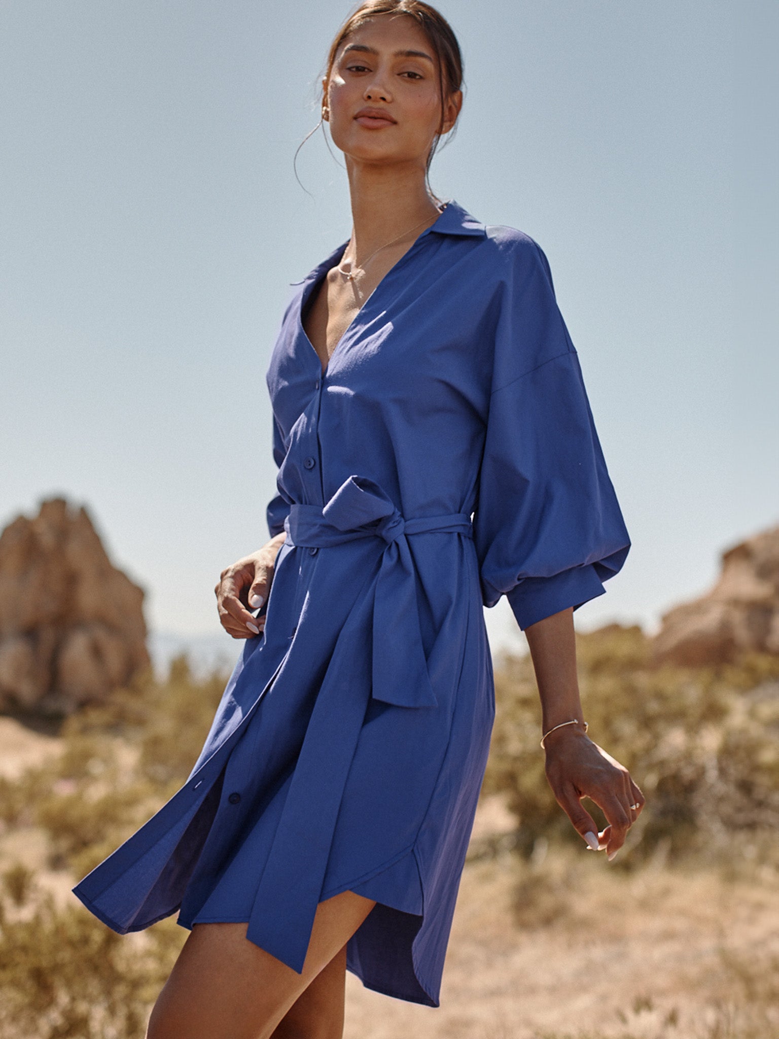 Kate belted button up mini shirtdress blue side view