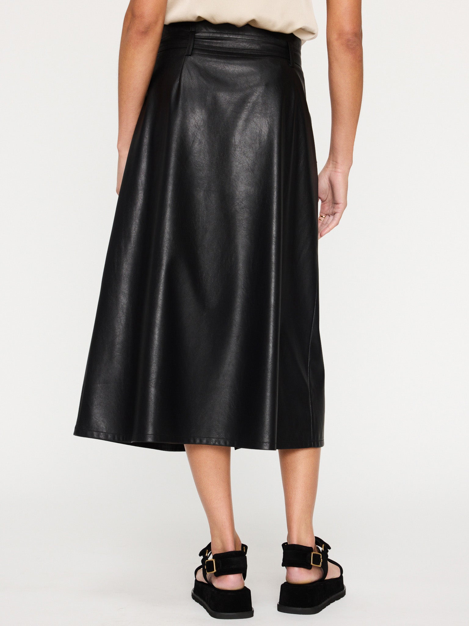 Teagan vegan leather black belted button front midi skirt back view
