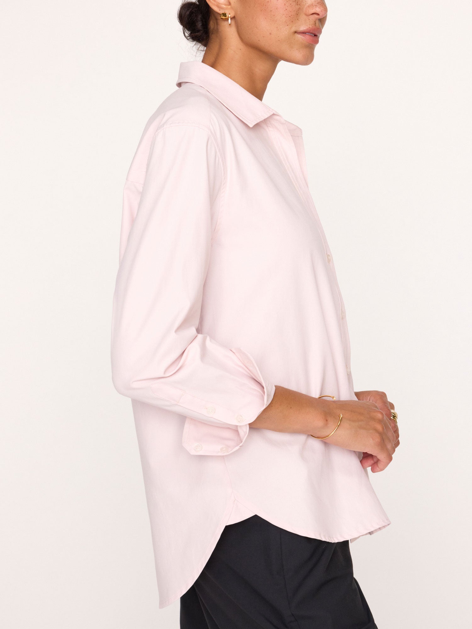 Everyday button up light pink shirt side view