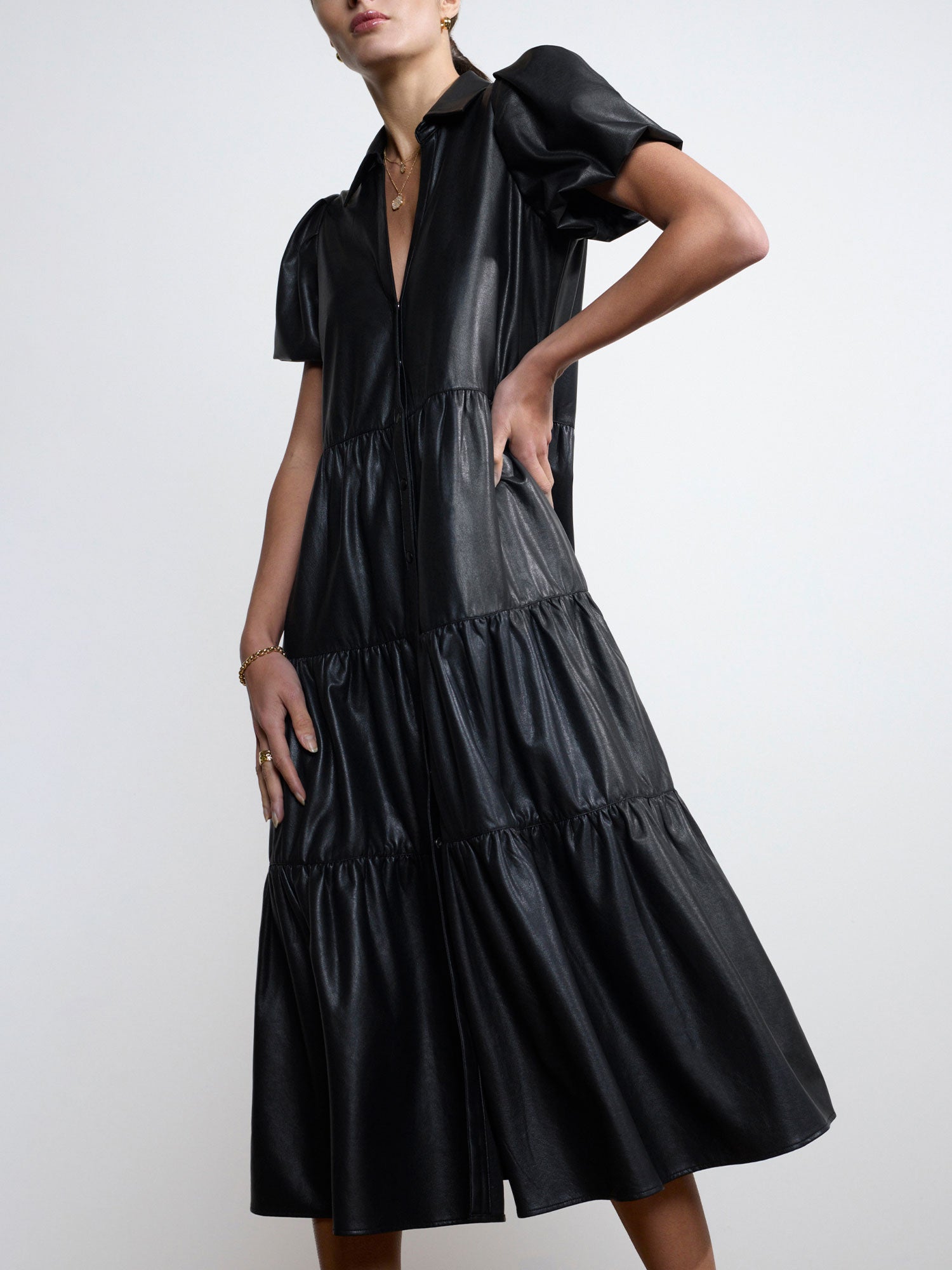 Havana tiered vegan leather midi dress black front view