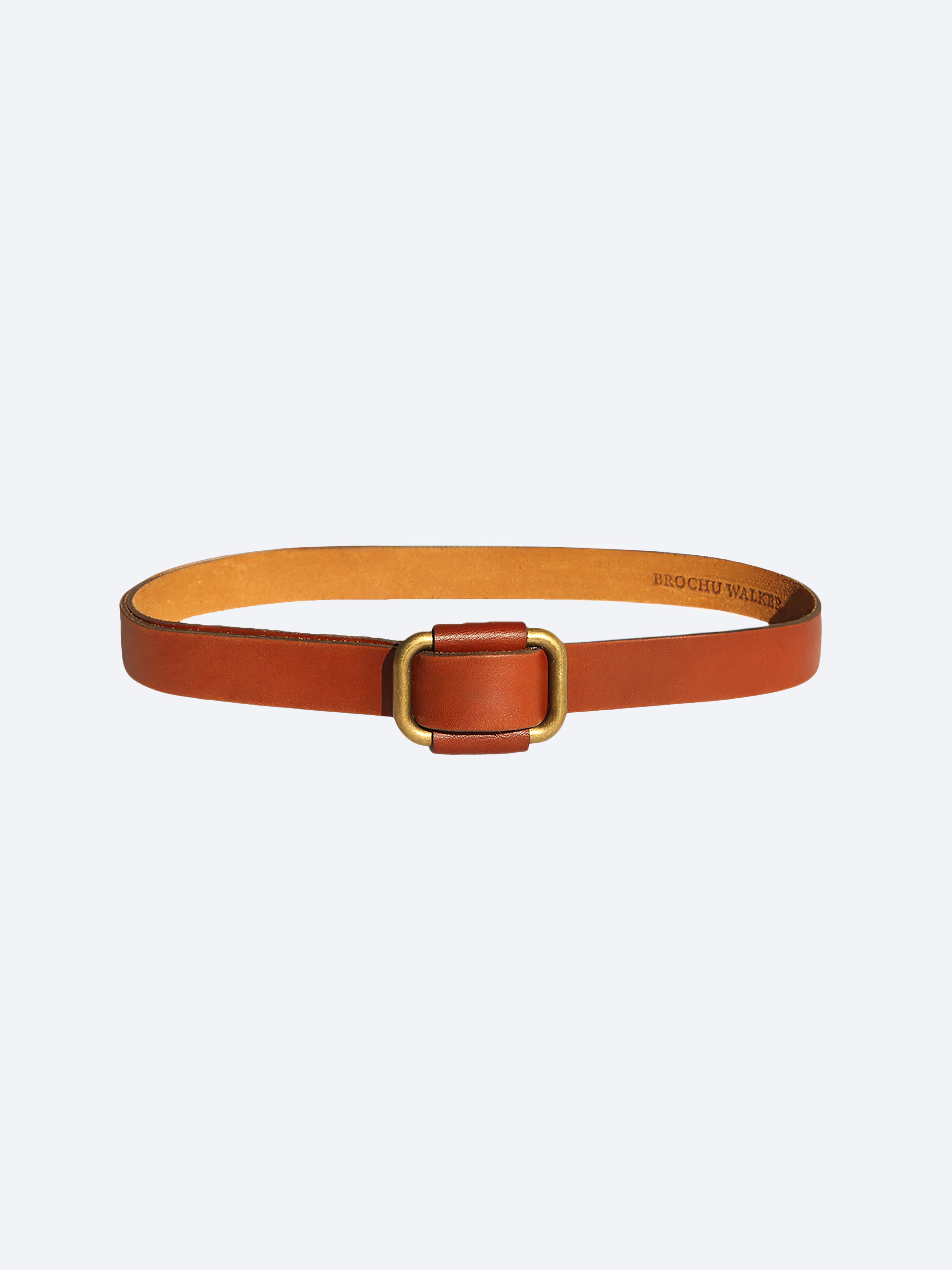 Saddle brown leather buckle belt front view