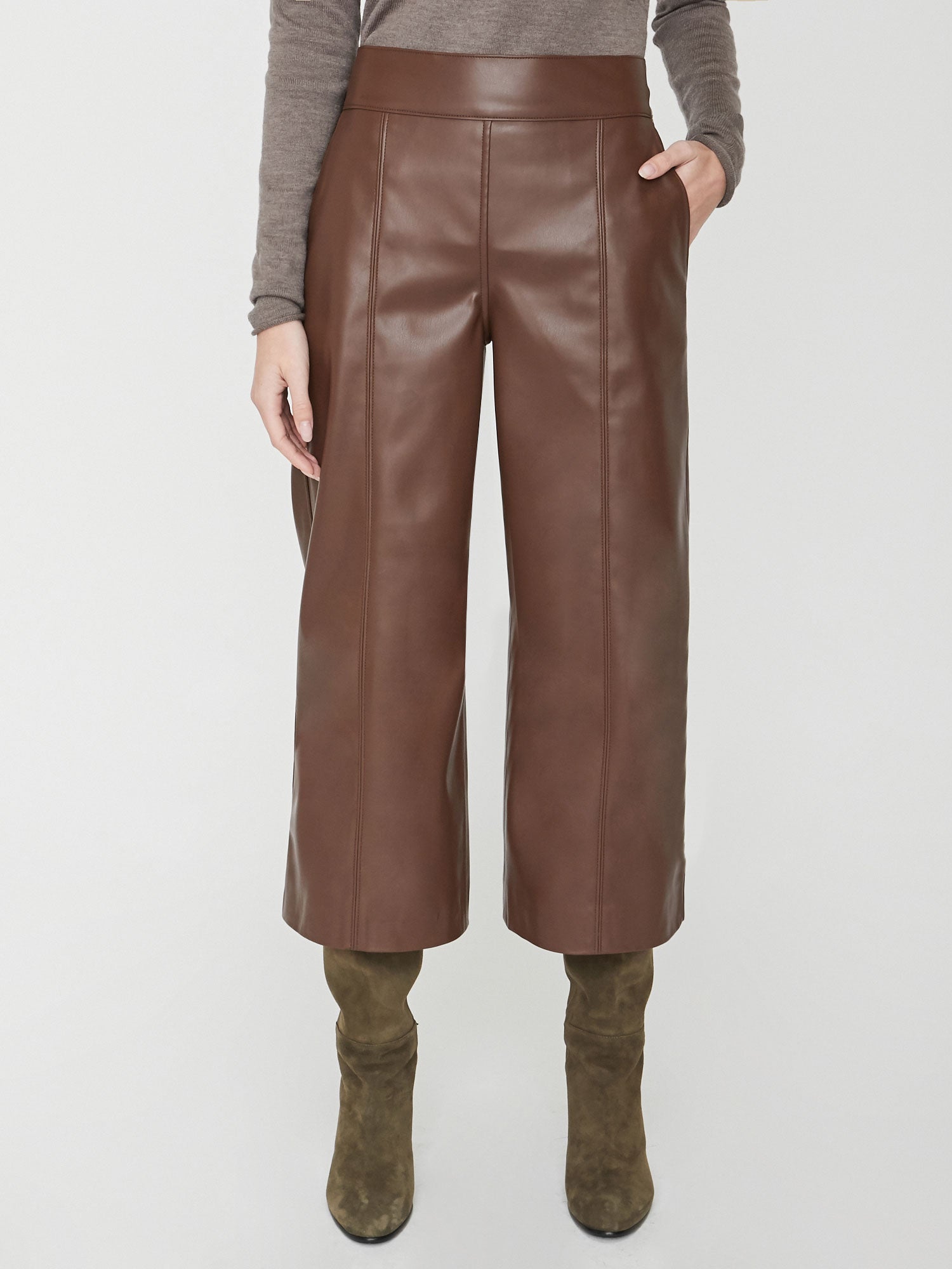 Vegan Leather Cropped Pants, Brown, Wide Leg, Women's – Brochu Walker