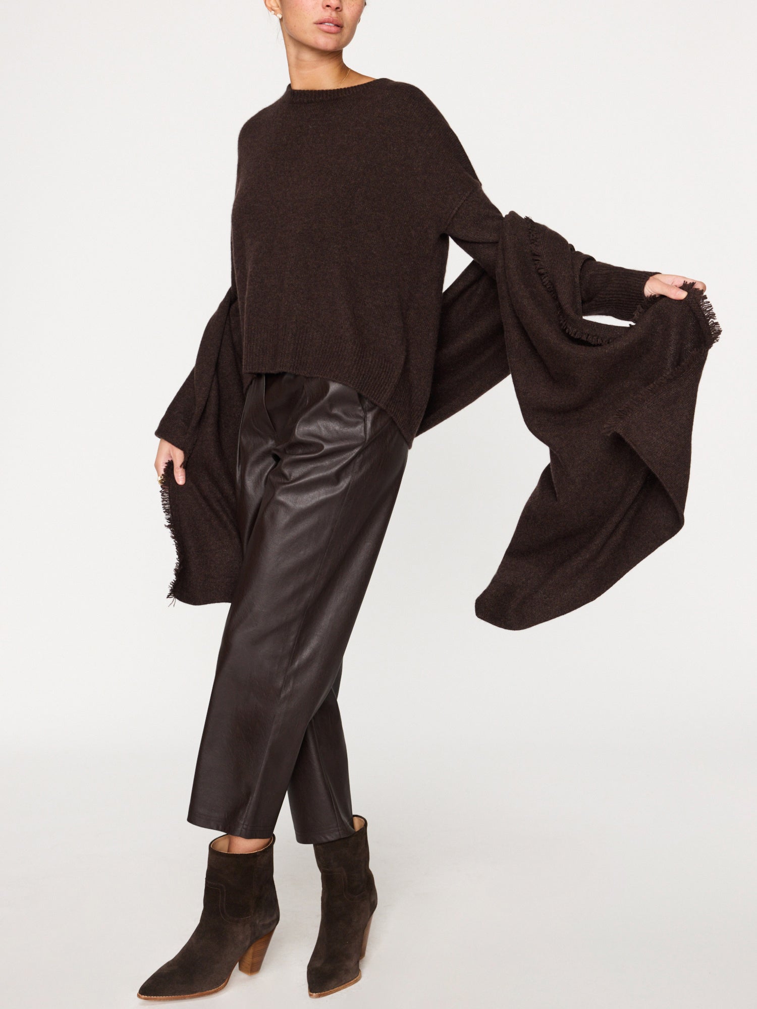 Cashmere fringe brown wrap full view
