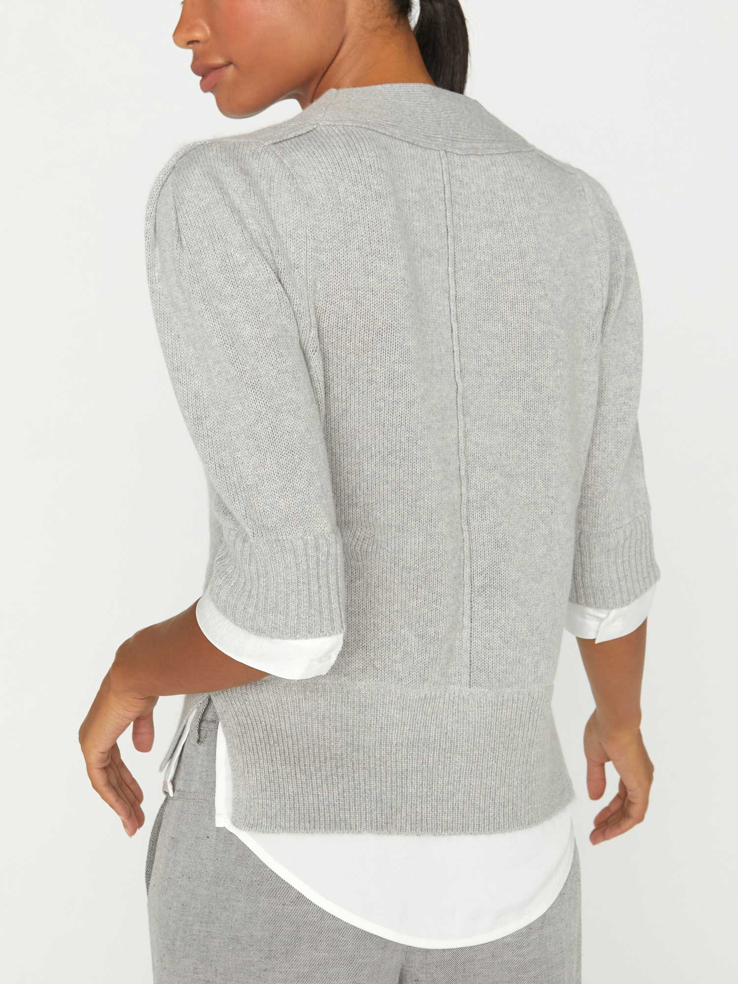 Lucie grey with white layered three-quarter sleeve v-neck sweater back view