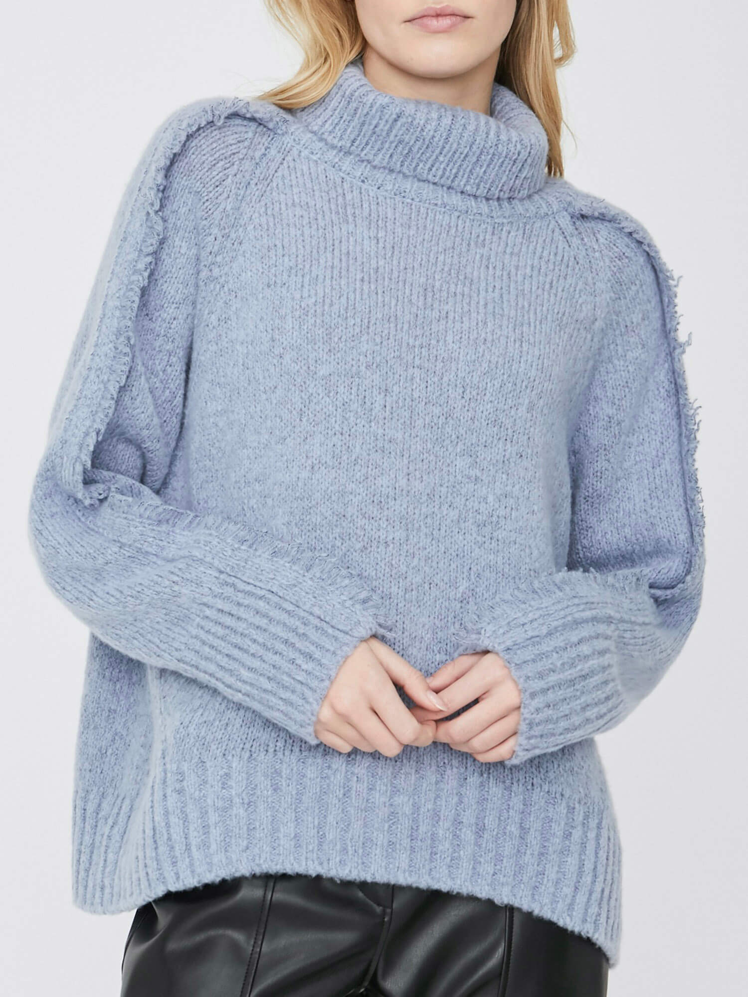 Odene fringe blue wool cashmere turtleneck sweater front view 3